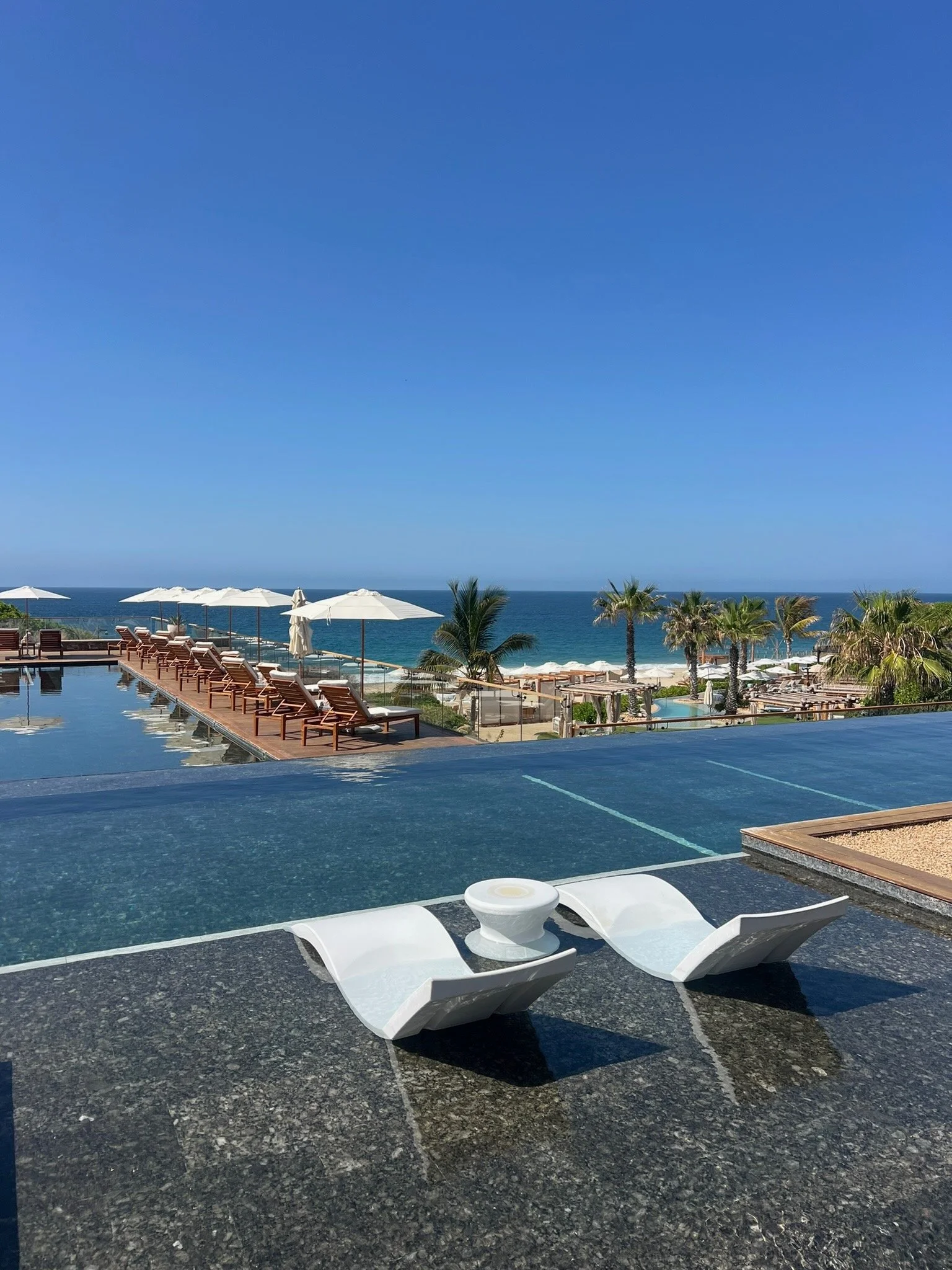 Swimming pool with a view of the ocean, surrounded by lounge chairs, umbrellas, and palm trees on a sunny day.