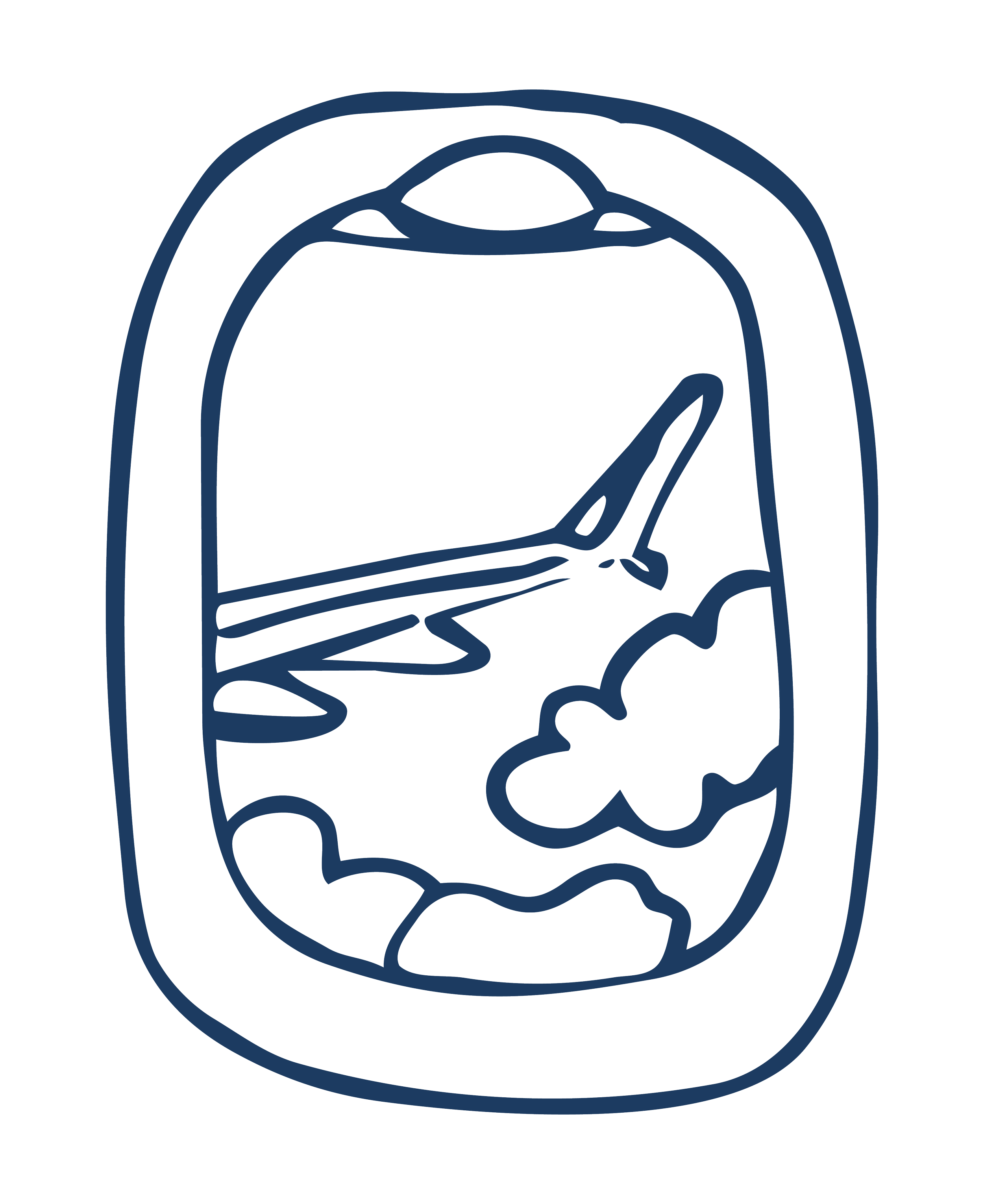 Line drawing of a plane window with clouds outside