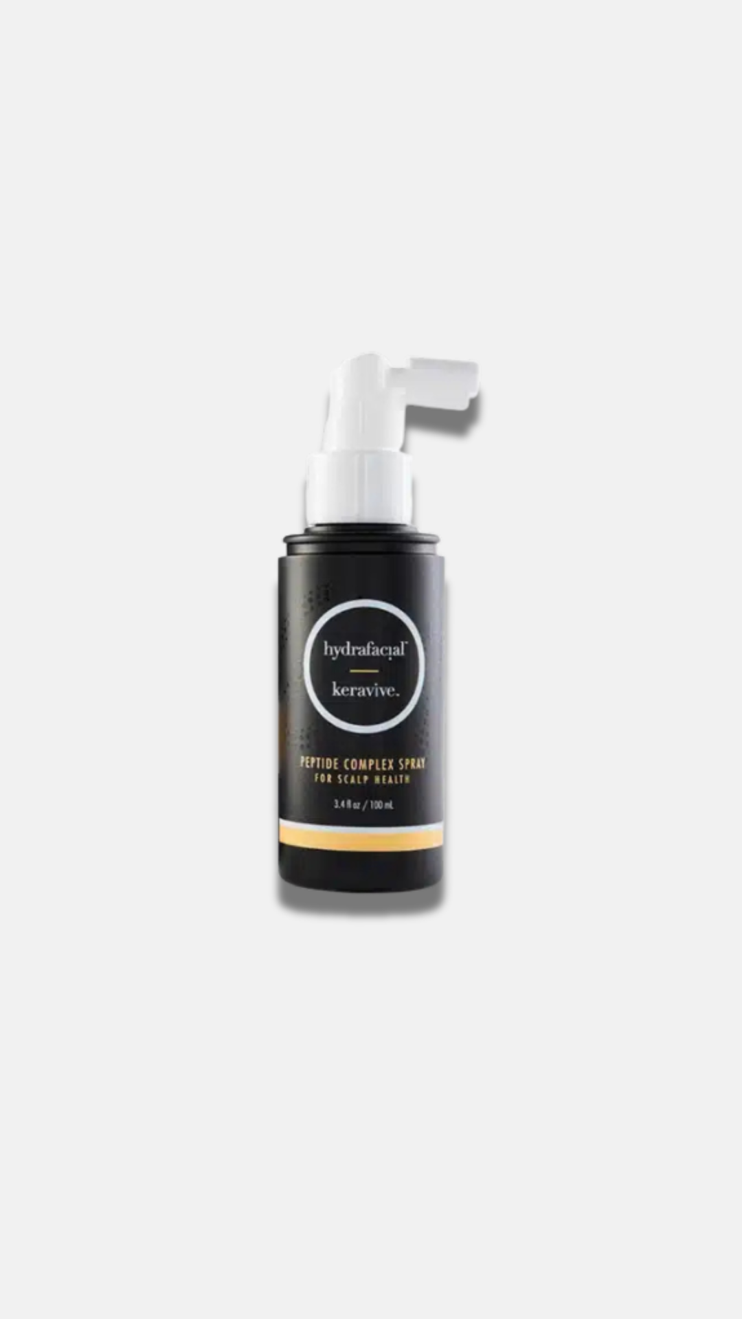 Botella de spray para el cuidado del cuero cabelludo con etiqueta negra y detalles en amarillo, marca Keravive.