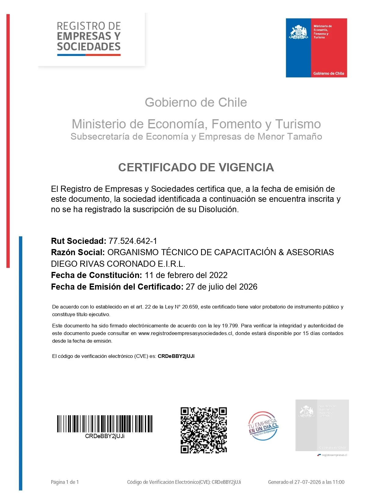 Certificado de vigencia del Registro de Empresas y Sociedades en Chile, emitido por el Ministerio de Economía, Fomento y Turismo, con detalles de la compañía y fechas de emisión y vigencia.