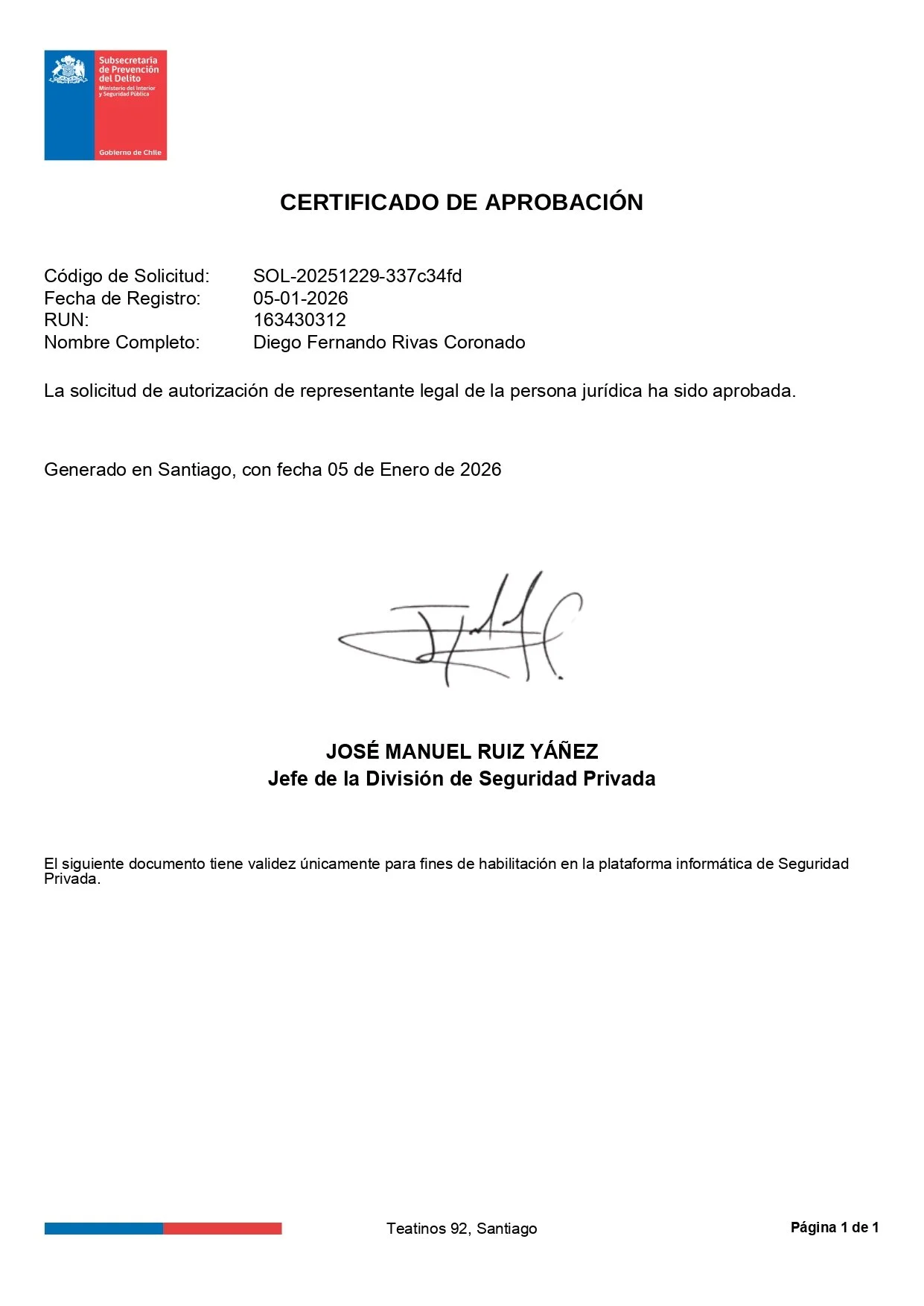 Certificado de aprobación emitido por la Subsecretaría de Prevención del Delito del Gobierno de Chile, con firma y sello, autorizado a nombre de Diego Fernando Rivas Coronado.