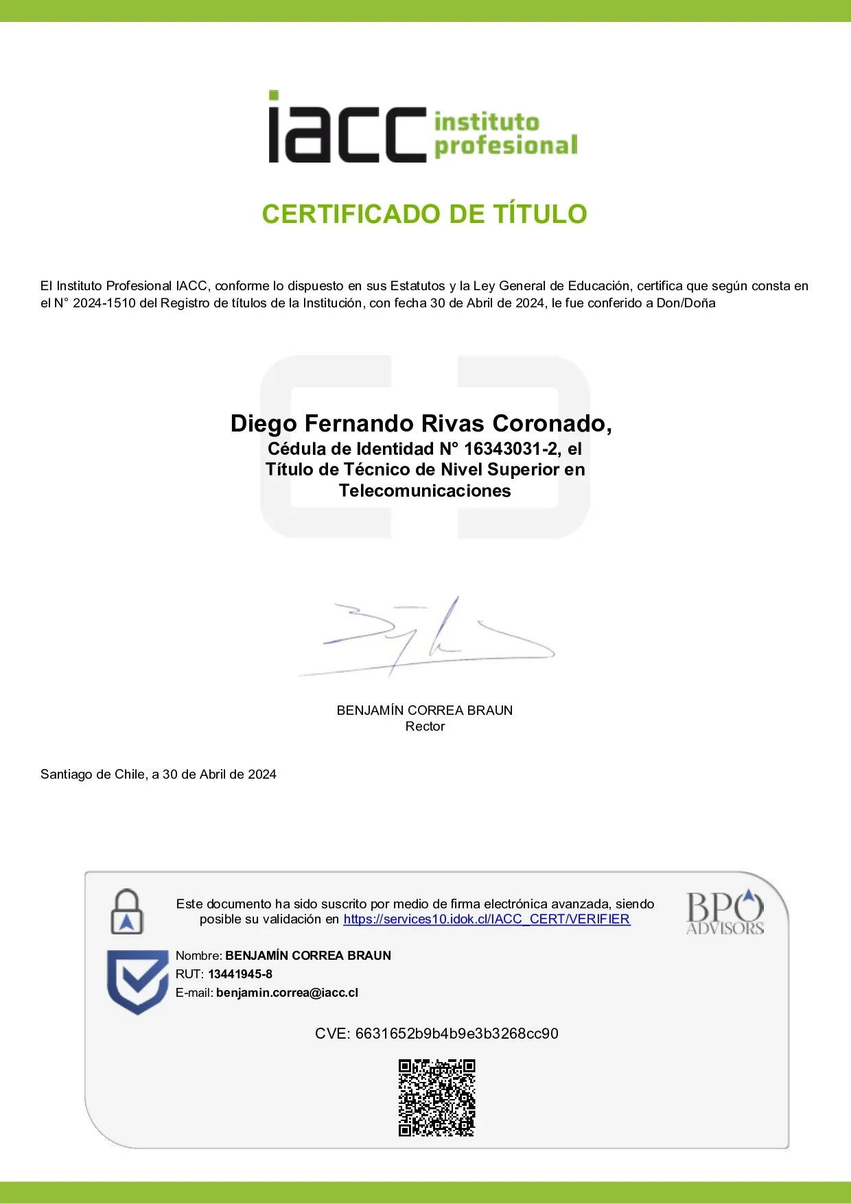 Certificado de título de un instituto profesional llamado IACC, entregado a Diego Fernando Rivas Coronado, con firma y firma digital, en Santiago de Chile, el 30 de abril de 2024.