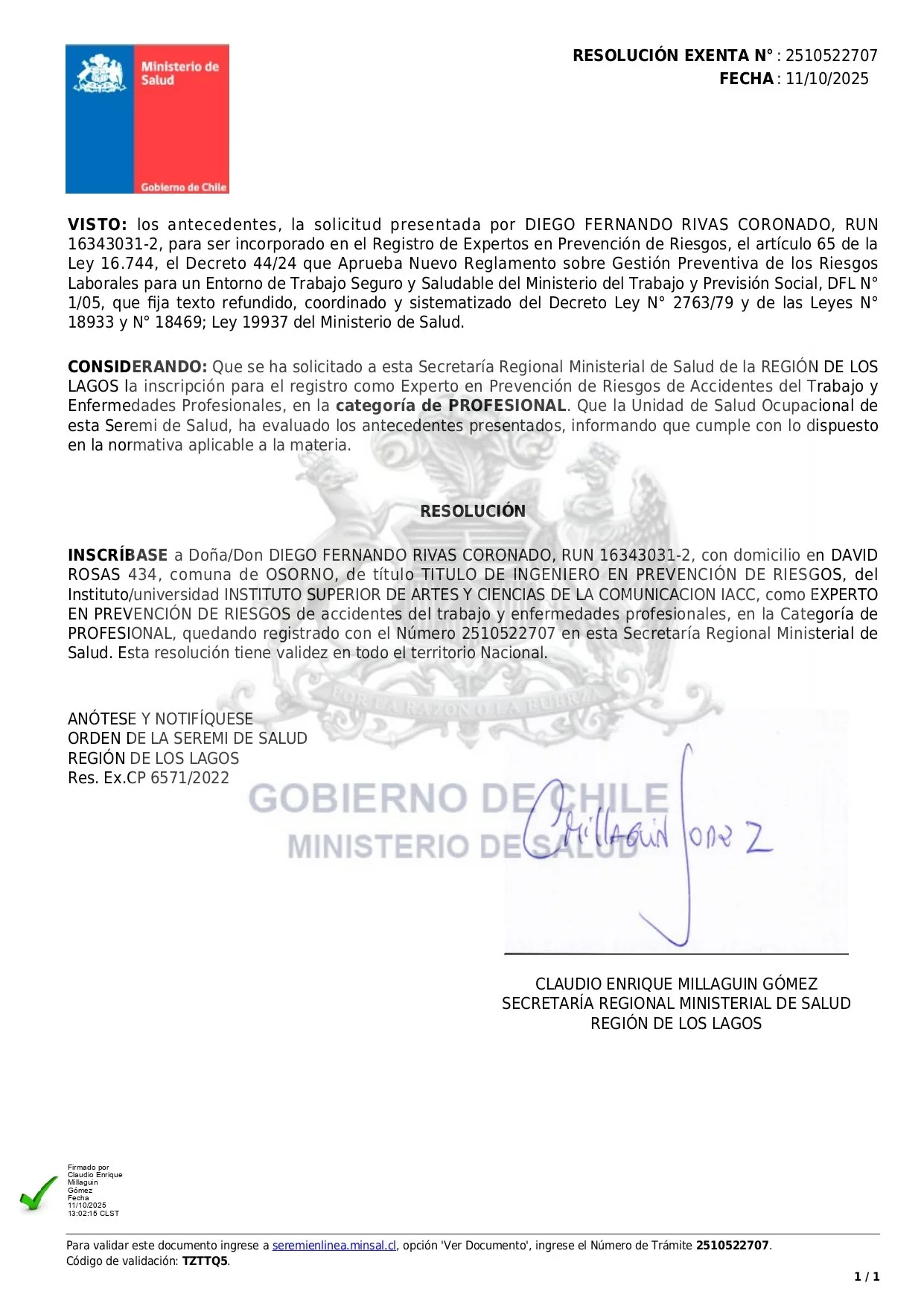 Documento oficial del Ministerio de Salud de Chile, con firma, sello y texto en español, relacionado con registro en la profesión de prevención de riesgos.
