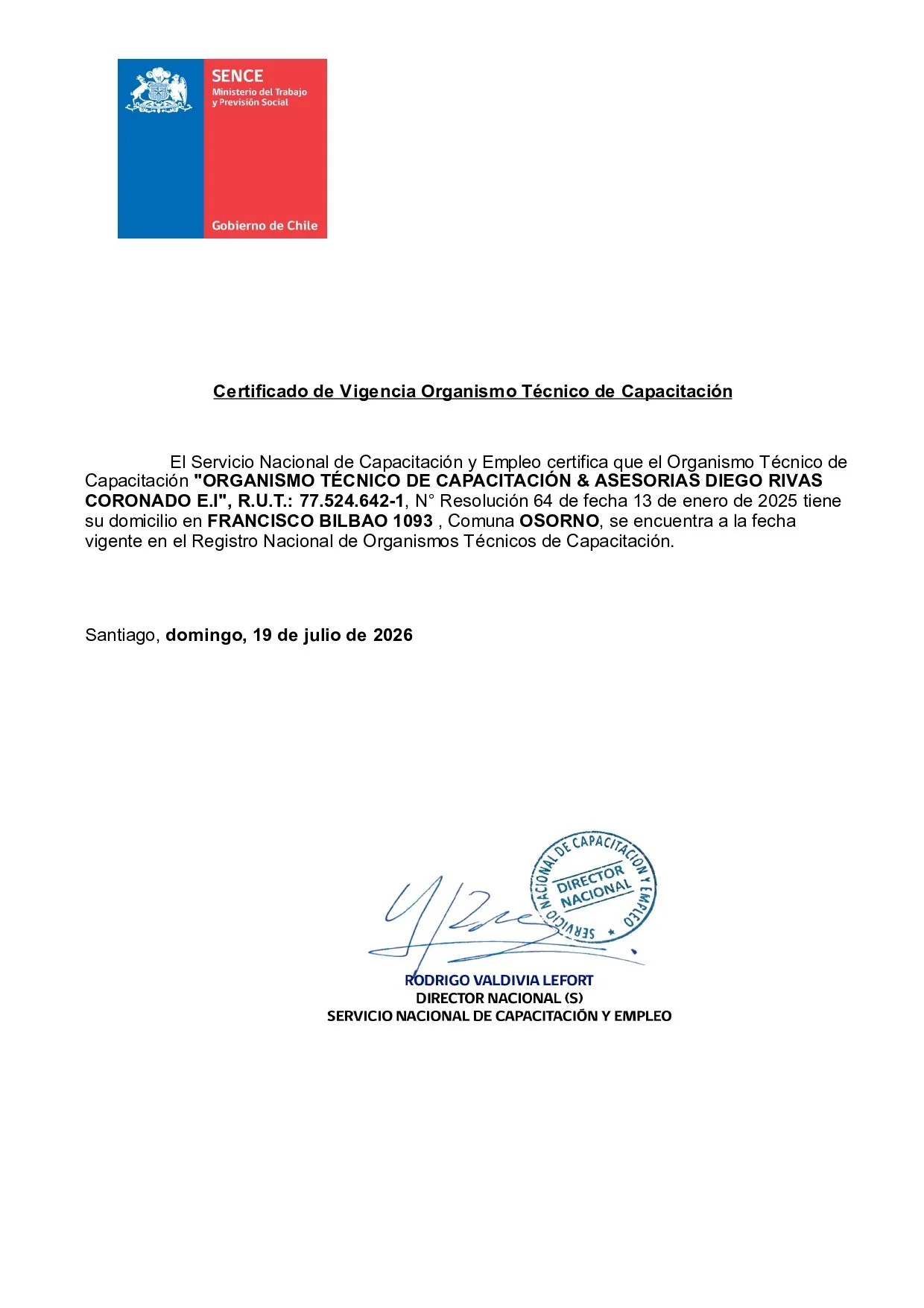 Certificado de vigencia emitido por el Servicio Nacional de Capacitación y Empleo (SENCE) del gobierno de Chile, con firma y sello del director nacional Rodrigo Valdivia Lefort.