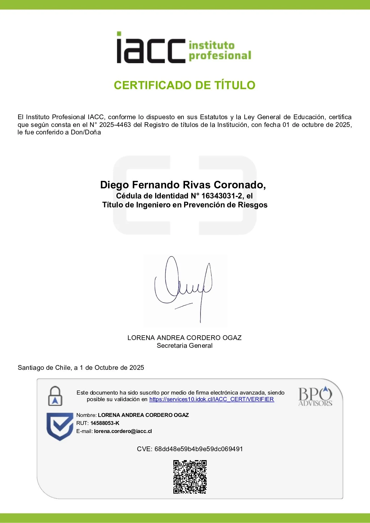 Certificado de título emitido por el Instituto Profesional IACC, con el nombre de Lorena Andrea Cordero Ogaz y detalles personales, fechado en Santiago de Chile, 1 de octubre de 2025.