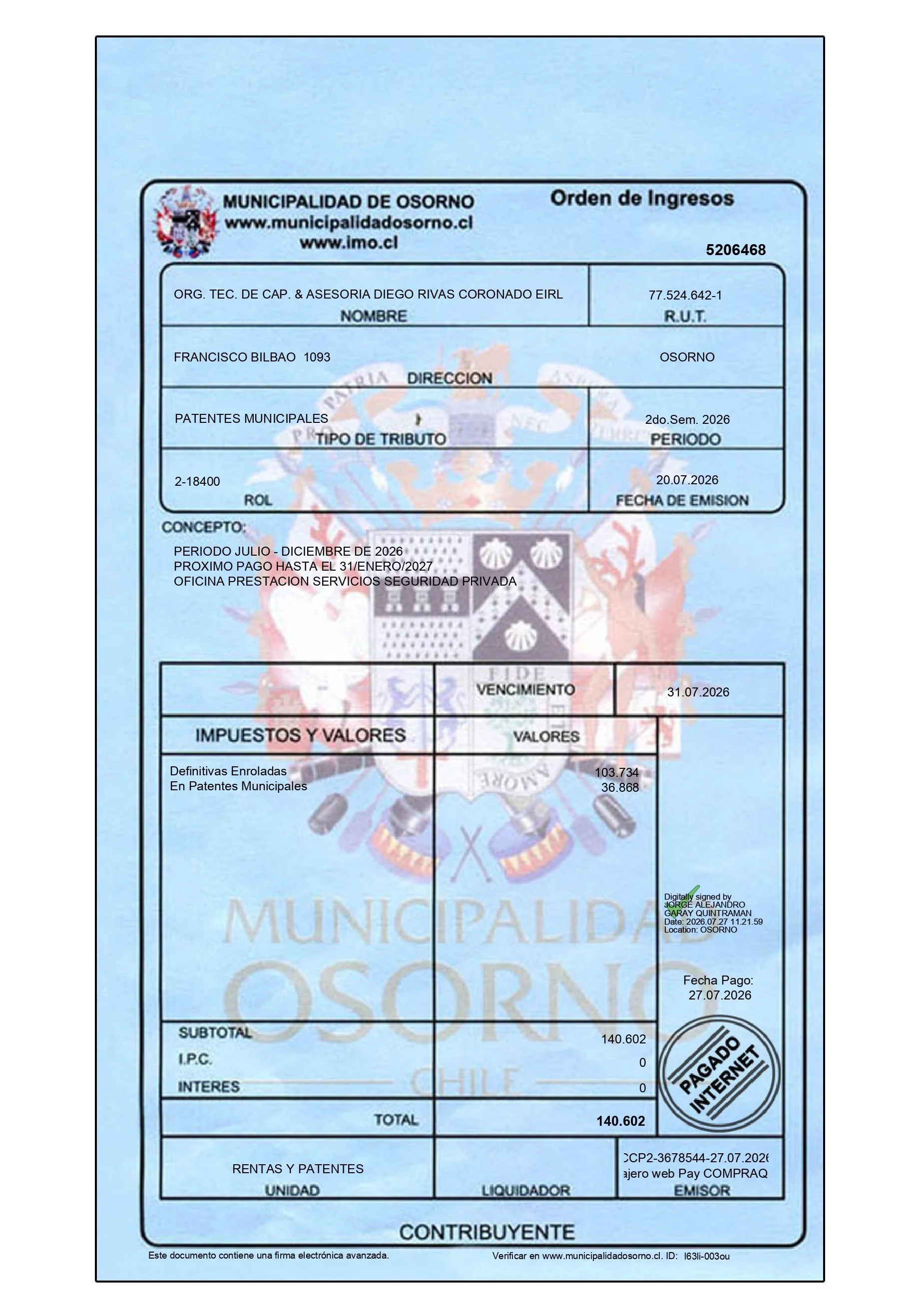 Impresa de impuestos municipal de Osorno, Chile, con detalles de pago, descripción del contribuyente y sello digital de firma avanzada.
