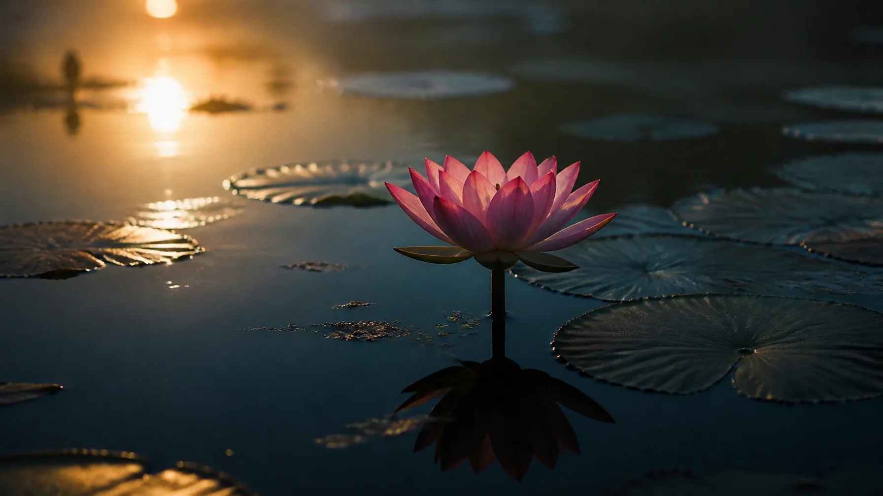 Moody lotus flower rising from dark water at dawn
