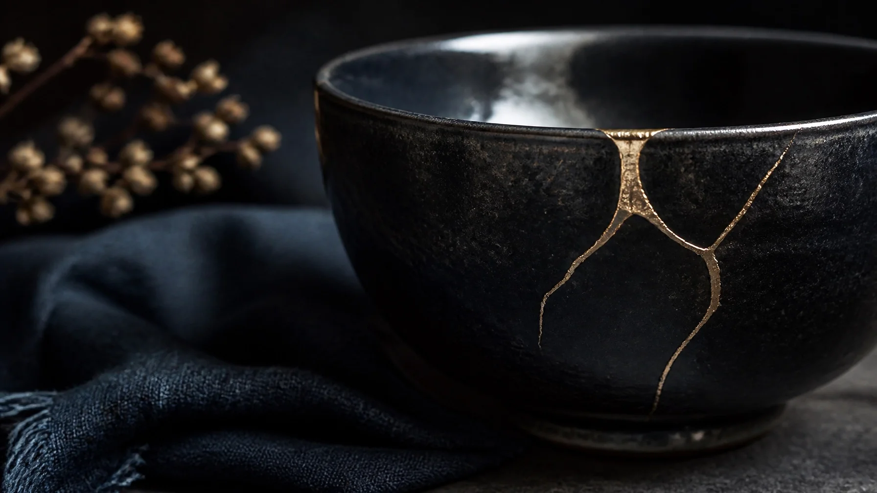 cracked Kintsugi bowl with gold where cracks are at