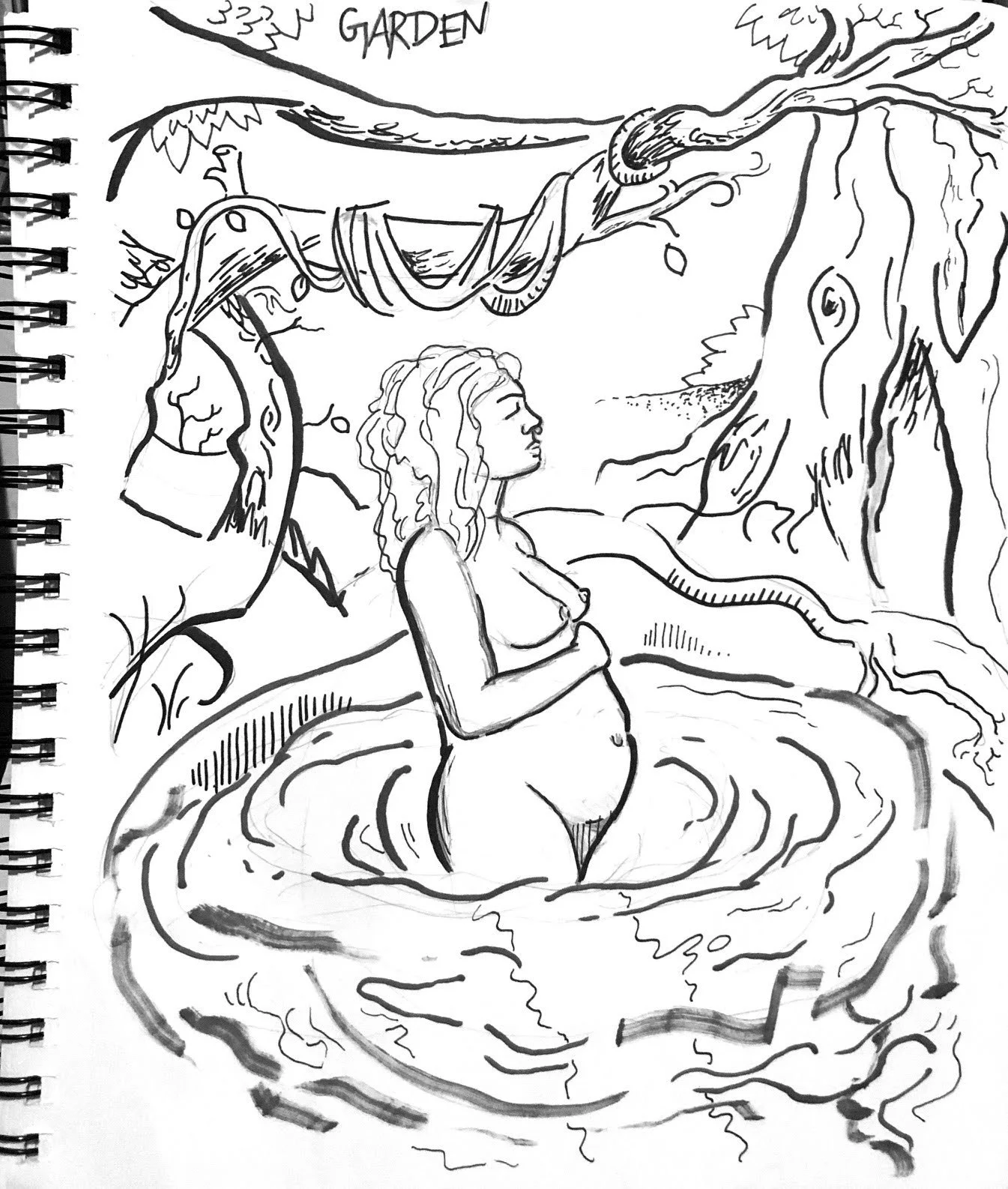 A woman with curly hair stands knee-deep in water, holding her pregnant belly in a natural outdoor setting with a tree and a hammock. The scene is labeled 'GARDEN' at the top.