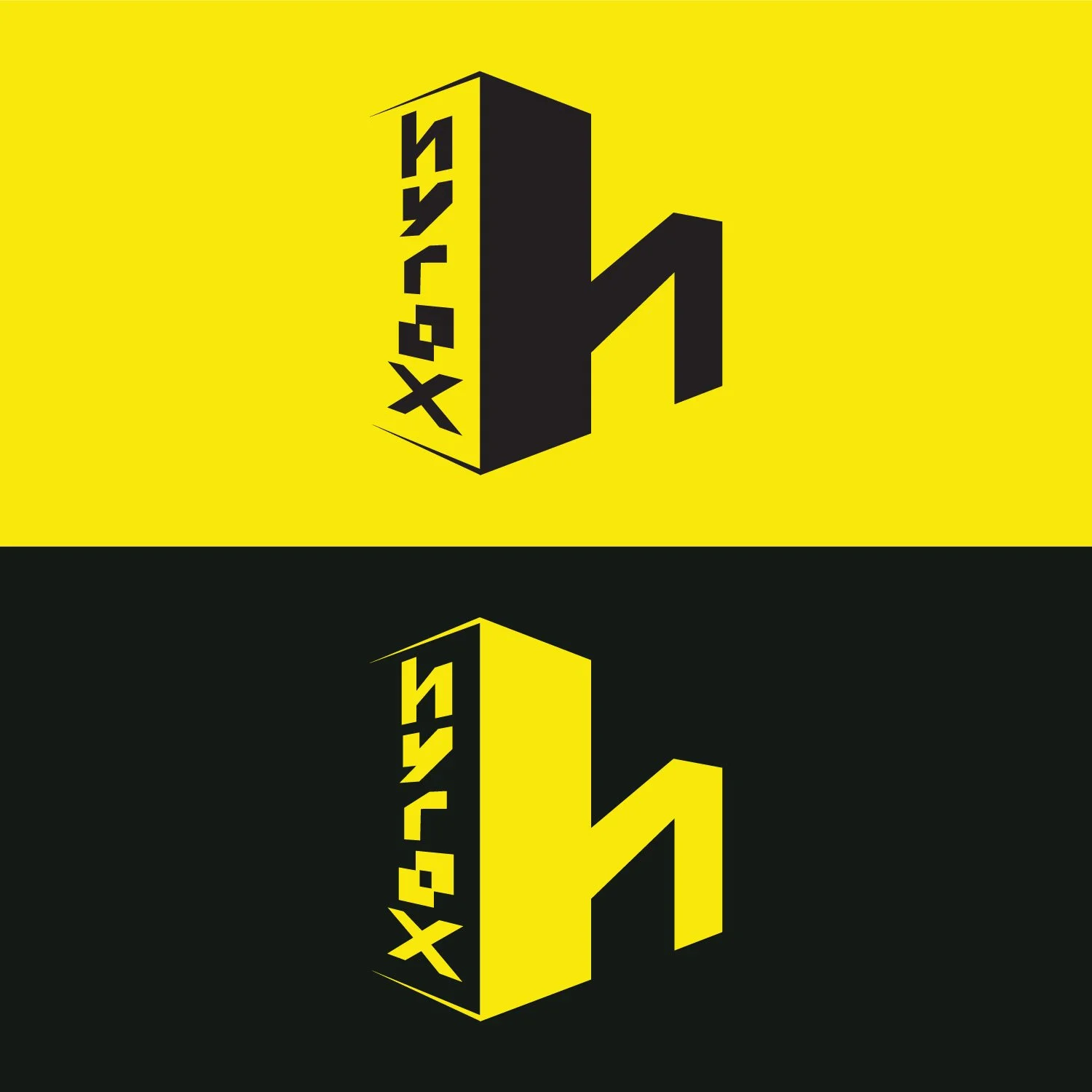 A stylized, black 3D letter H with yellow highlights on a yellow background in the top half and on a black background in the bottom half. The letter H has the word 'HYBRID' written vertically on the side.