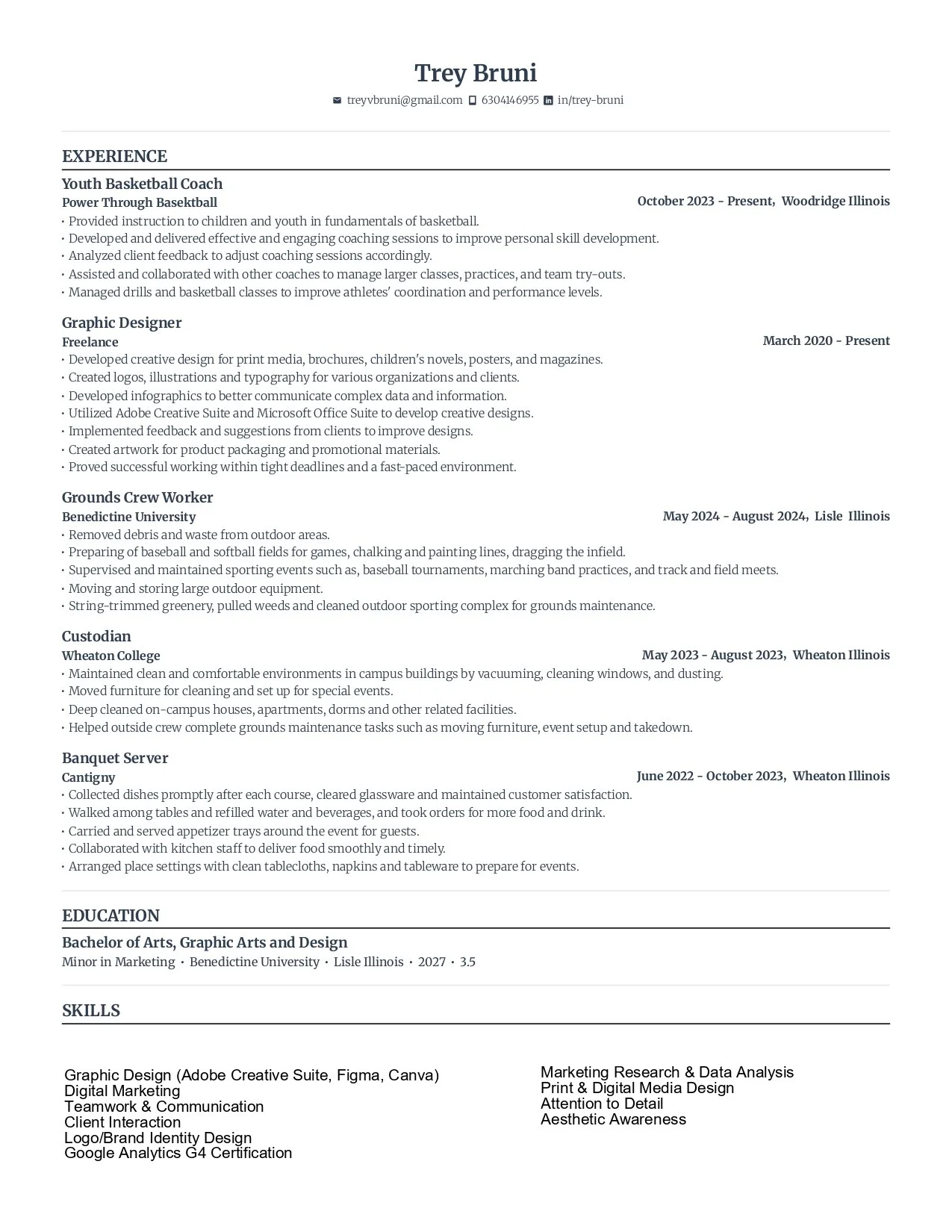 A professional resume belonging to Trev Bruni, listing experience as a youth basketball coach, graphic designer, grounds crew worker, and cook, with sections for education and skills.