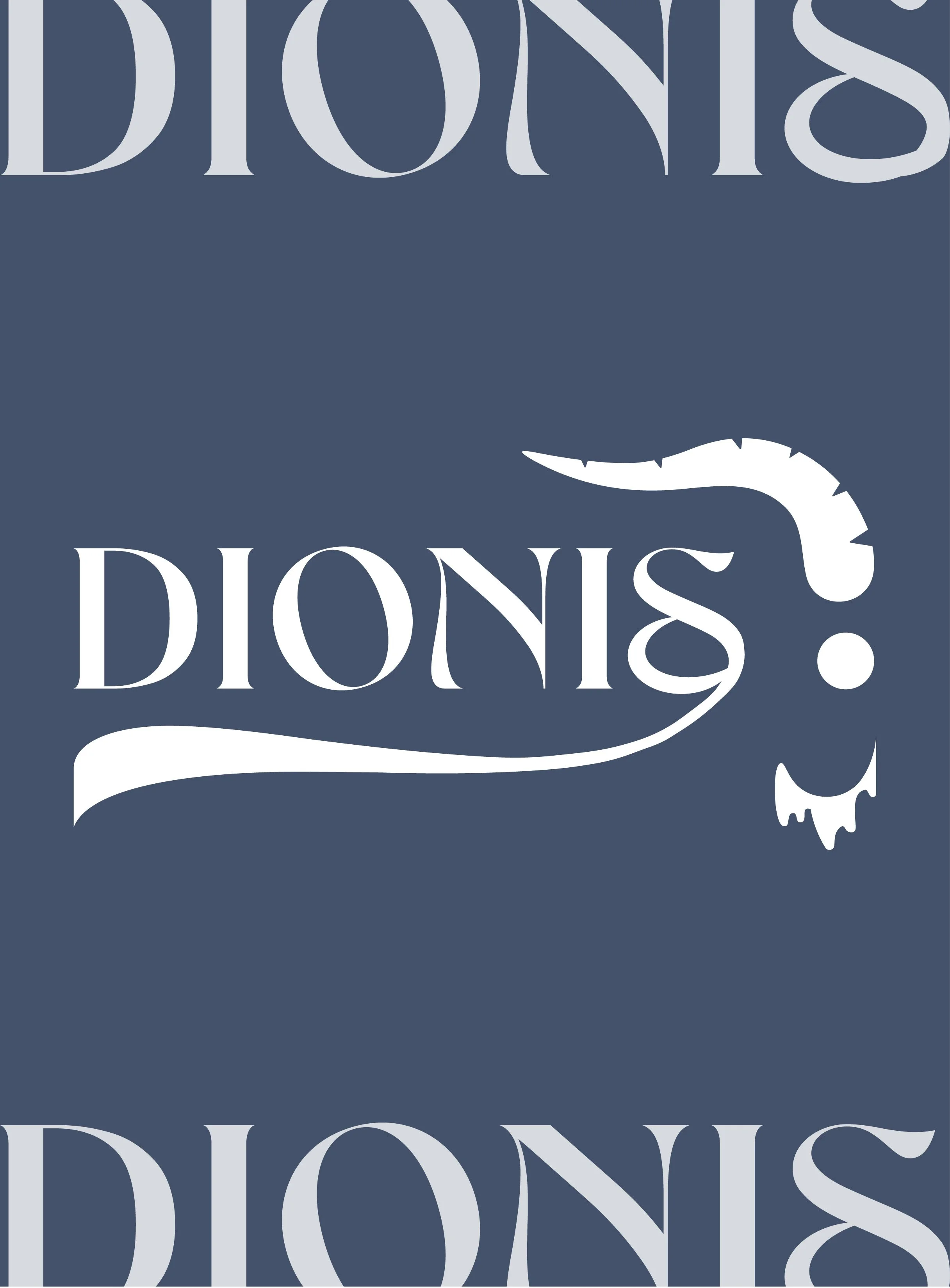 Graphic design with the word 'DIONIS' in stylized white font on a navy background, with a dragon illustration in white integrated into the text.