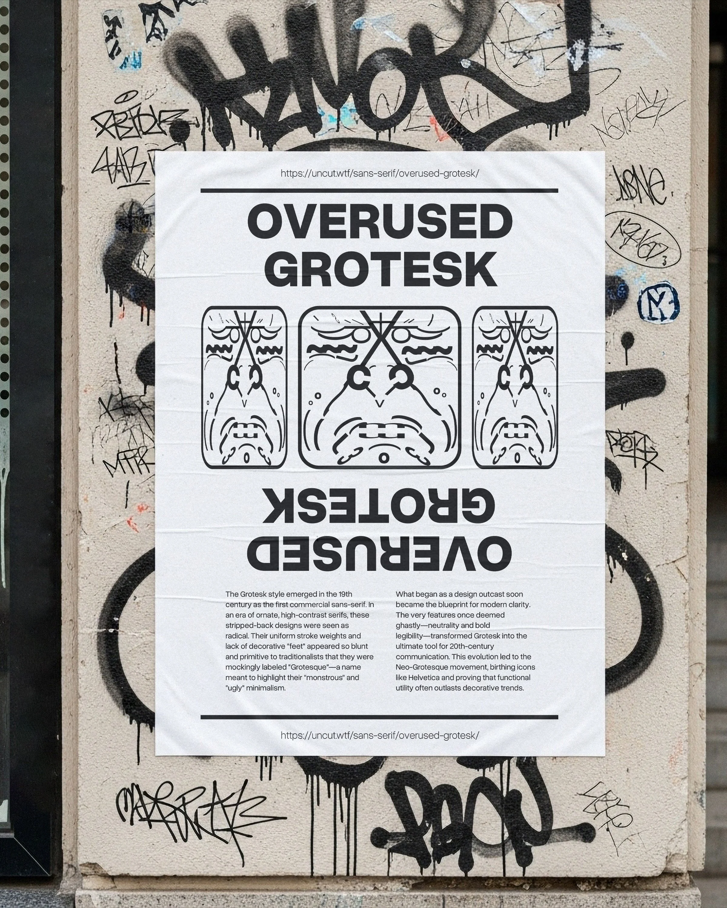 A poster explaining the overused grotesk font style, featuring three stylized faces and blocks of descriptive text on a wall covered in graffiti.