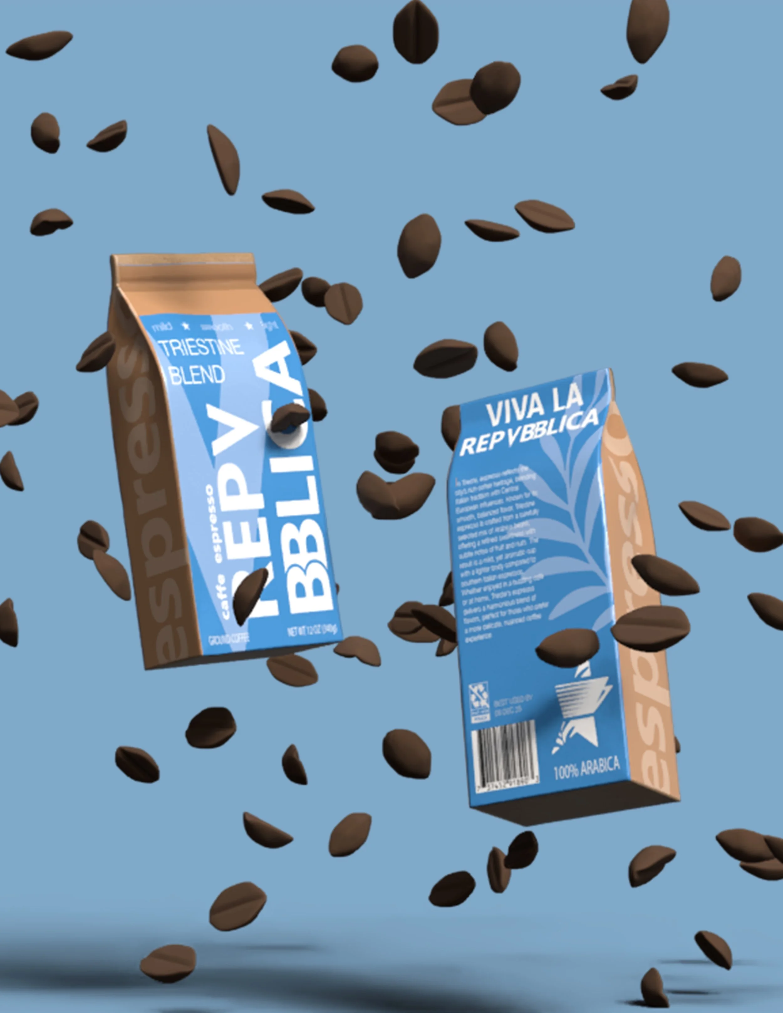 Two cartons of espresso coffee with coffee beans falling around them on a blue background.