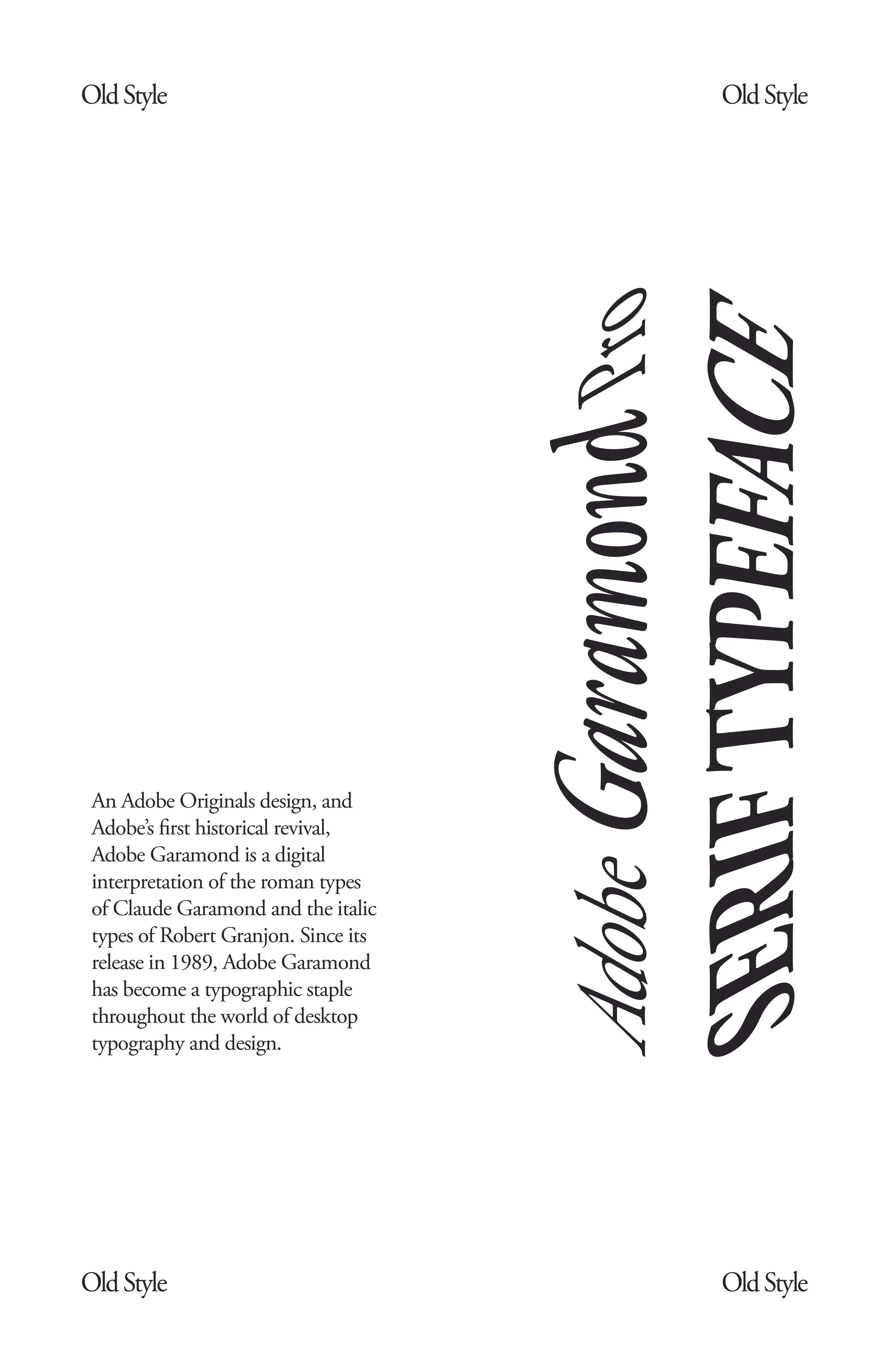 Book cover with large, curved text reading "Adobe Garamond & SERIF TYPOFACE" and smaller text explaining Adobe Garamond's history and significance.