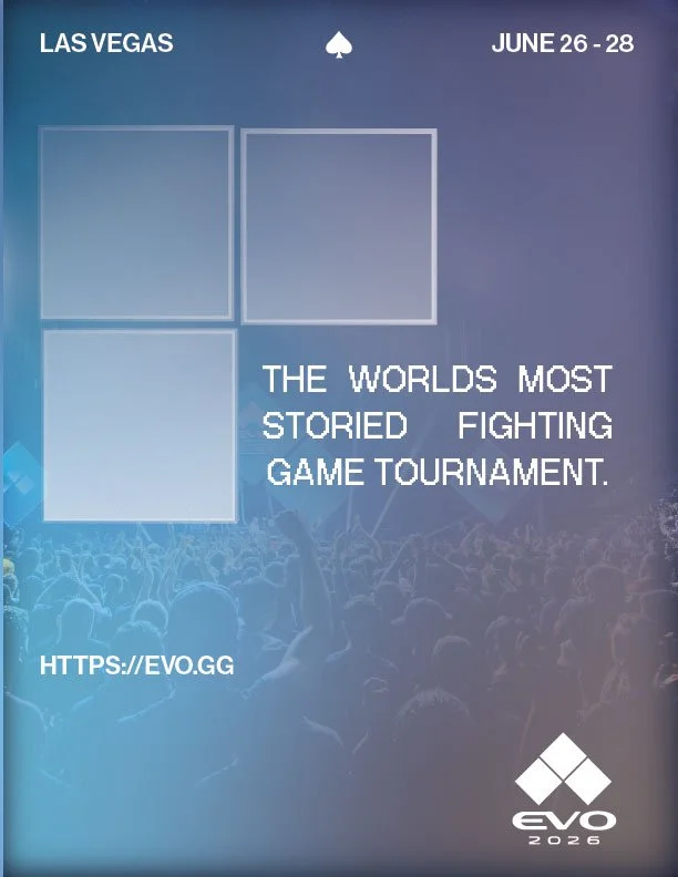 Event poster for EVO 2026, a fighting game tournament held in Las Vegas from June 26 to 28, with a crowd in the background and the EVO logo in the bottom right.