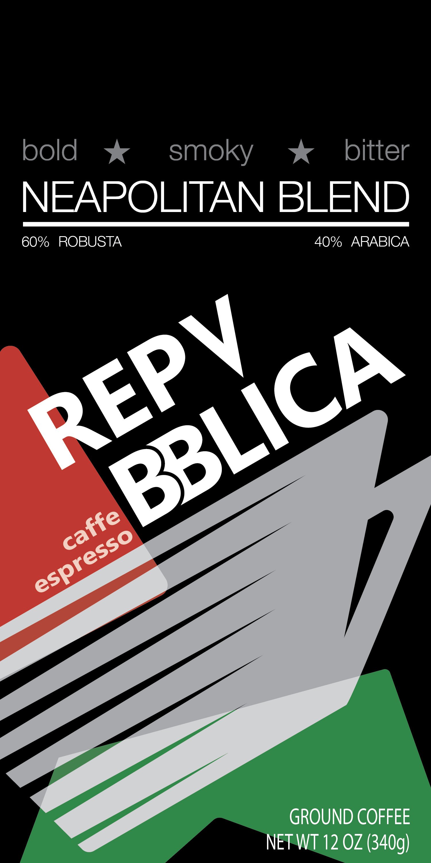 A package of Reppy Brezca ground coffee blends with a black background, text indicating a metropolitan flavor profile with bold, smoky, and bitter notes, featuring 60% Robusta and 40% Arabica beans, with a graphic illustration of a coffee cup.