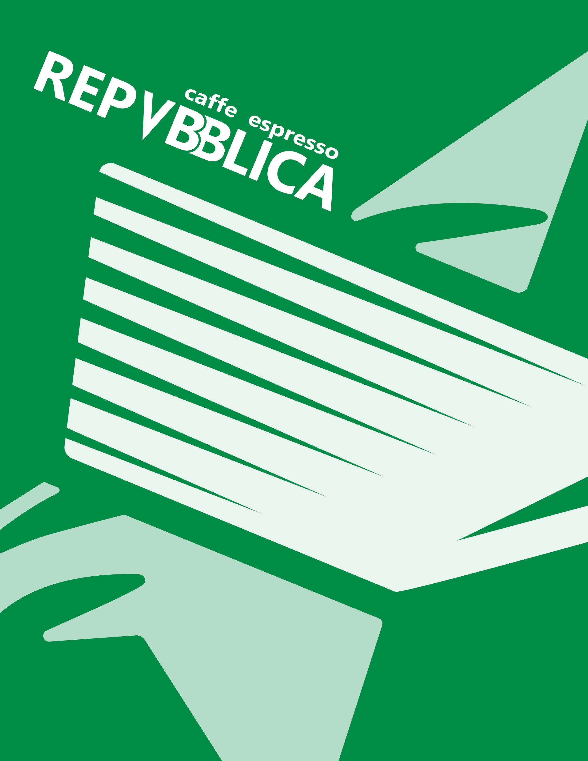 Green poster featuring stylized white and light green illustration of a cup of coffee and a stack of papers or booklets, with the words 'Repubblica,' 'caffe,' and 'espresso' written on it.