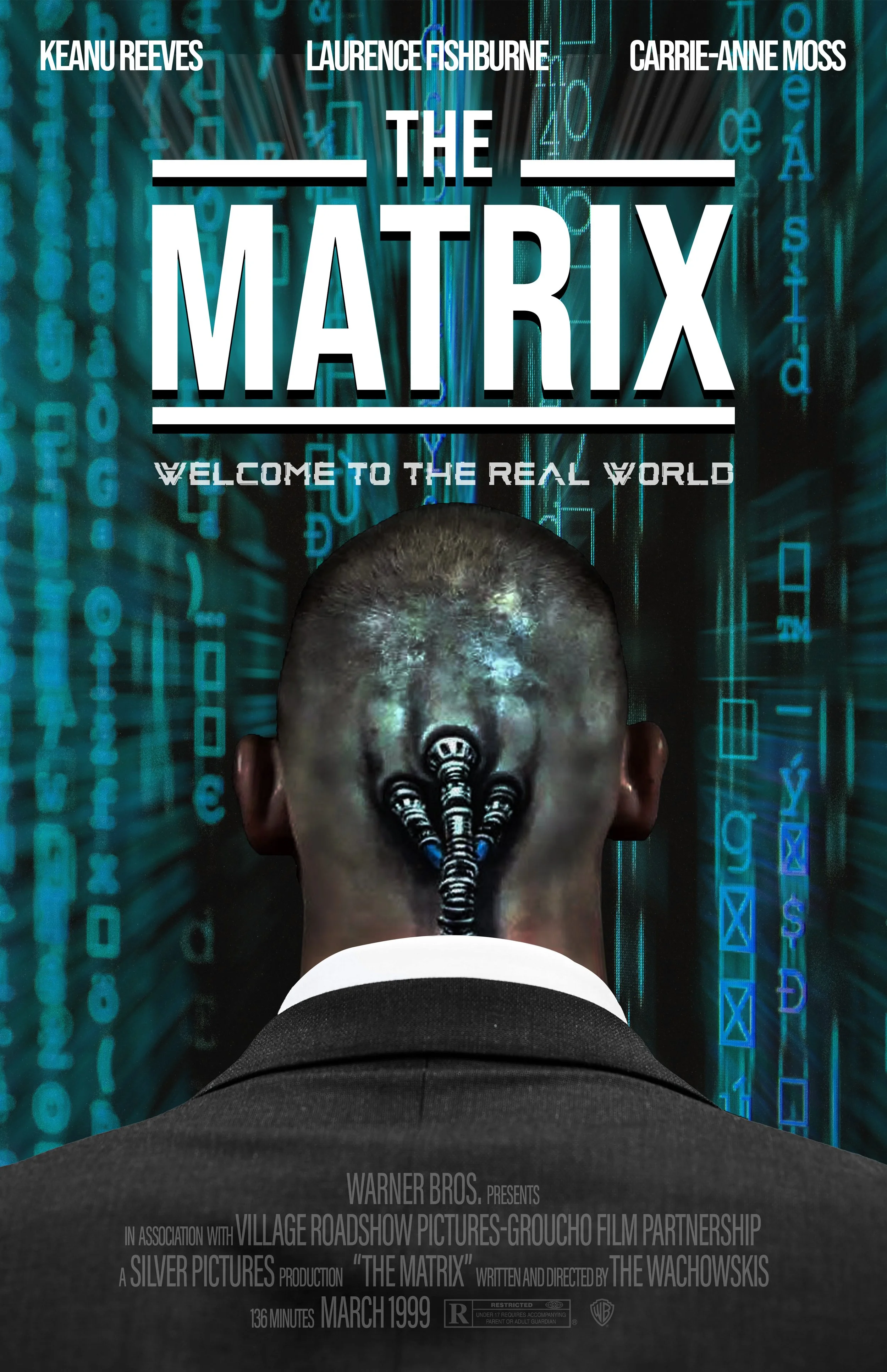 Movie poster for 'The Matrix' featuring a person viewed from behind with a head that has black cords plugged into the back of it. The background shows digital code streams. The title 'The Matrix' is at the top, with credits and release date at the bo