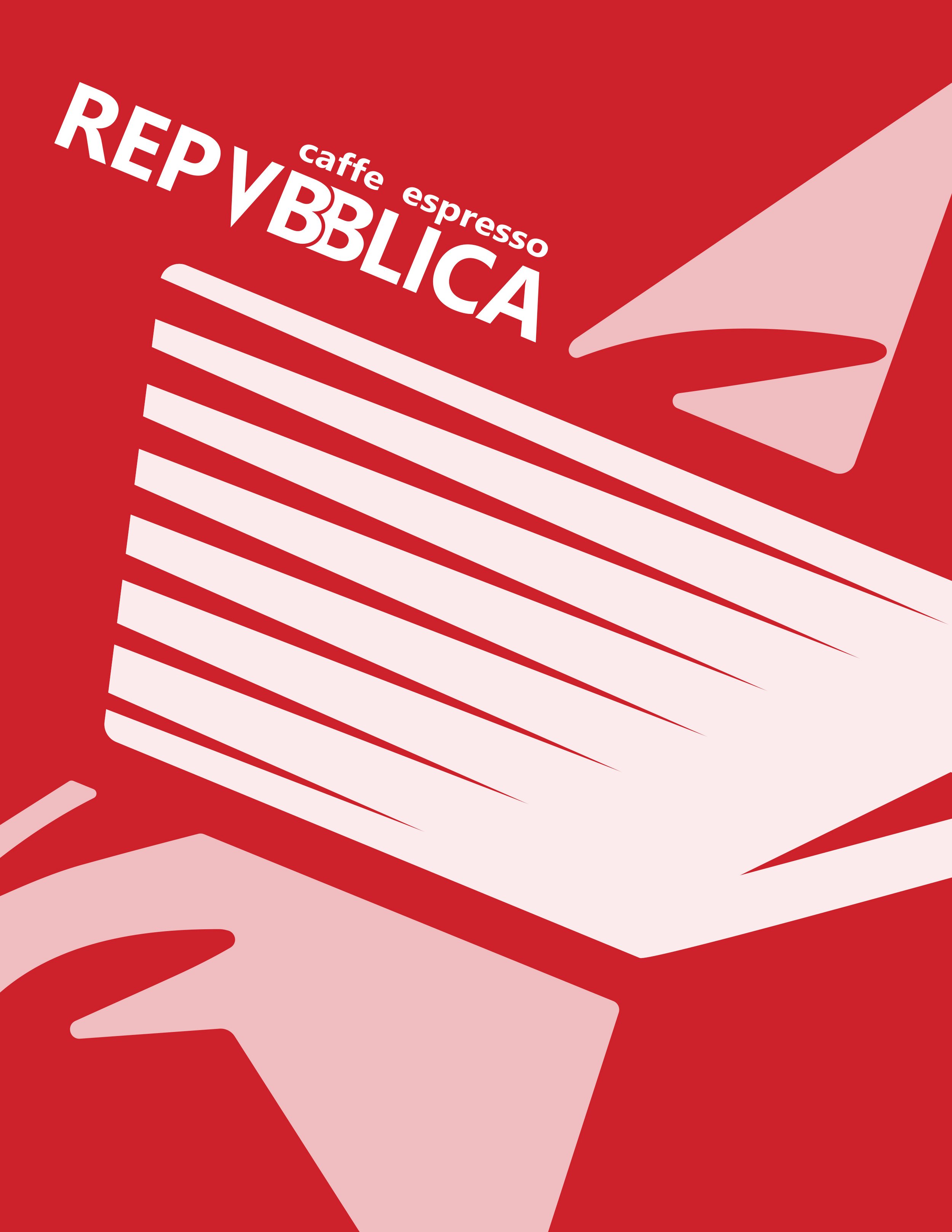 A stylized illustration of a hand holding an open book with the words "Repubblica" and "caffe espresso" on the cover, featuring a red and pink color scheme.