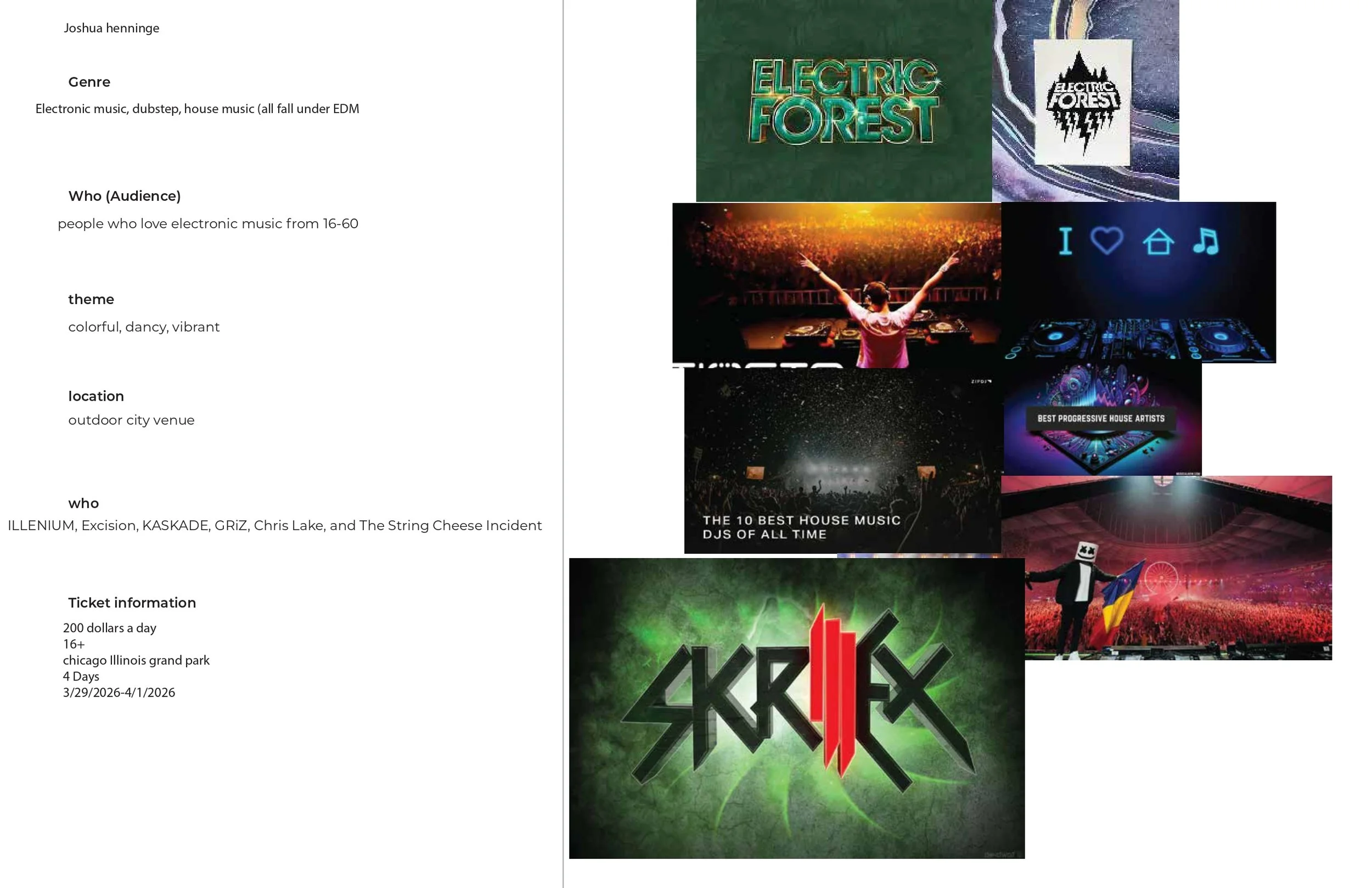 A collage of images from an electronic music concert at outdoor city venue, featuring DJ performing in front of large crowd, colorful lights, and promotional graphics for artists and genres related to electronic dance music.