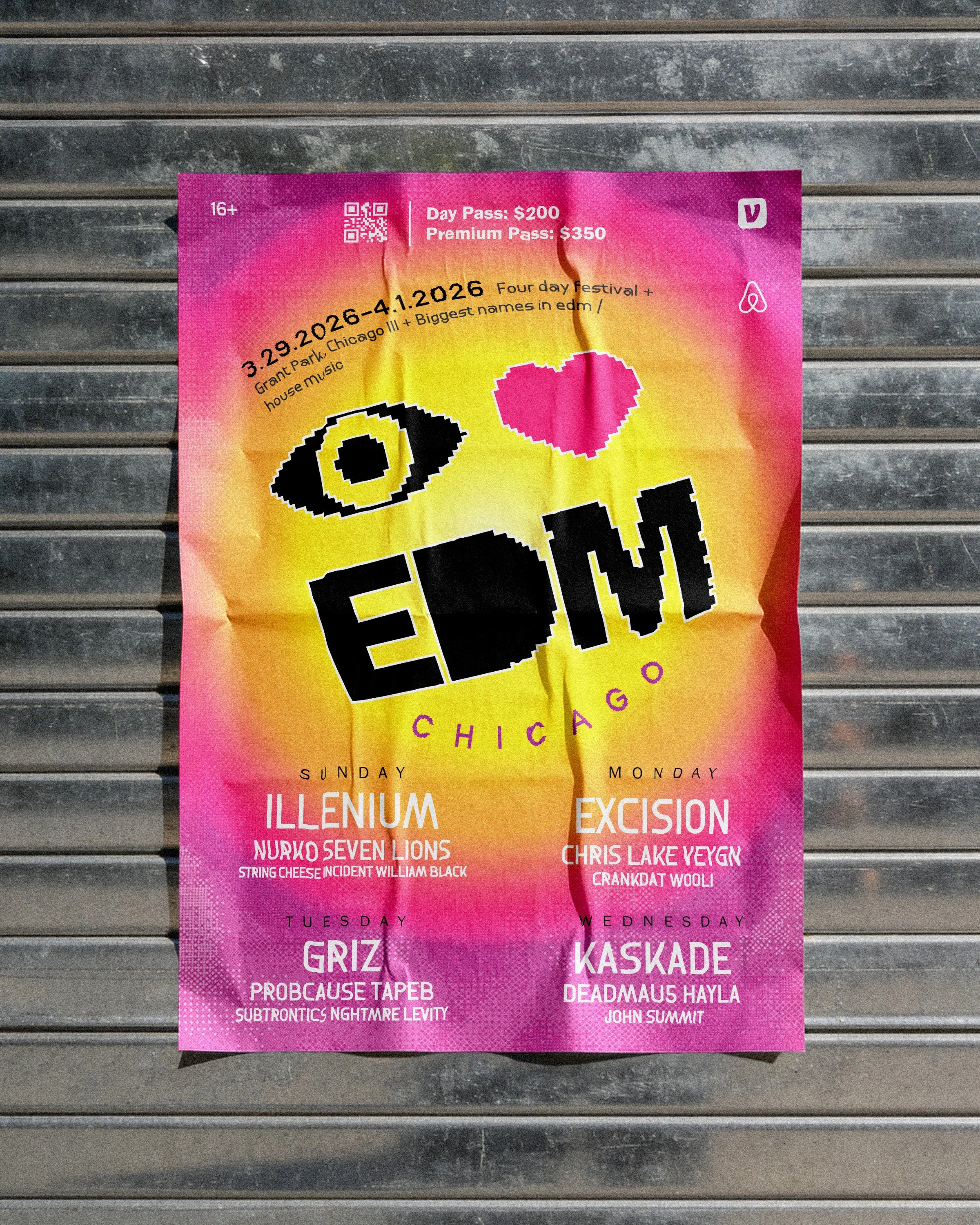 Colorful poster advertising a four-day music festival called 'EDOM Chicago' from March 29 to April 1, 2026, held at Grant Park, featuring performances by Illenium, Nora Seven Lions, Excision, Chris Lake, and others.