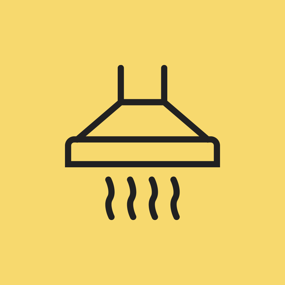 Shower head with water spray icon on yellow background.