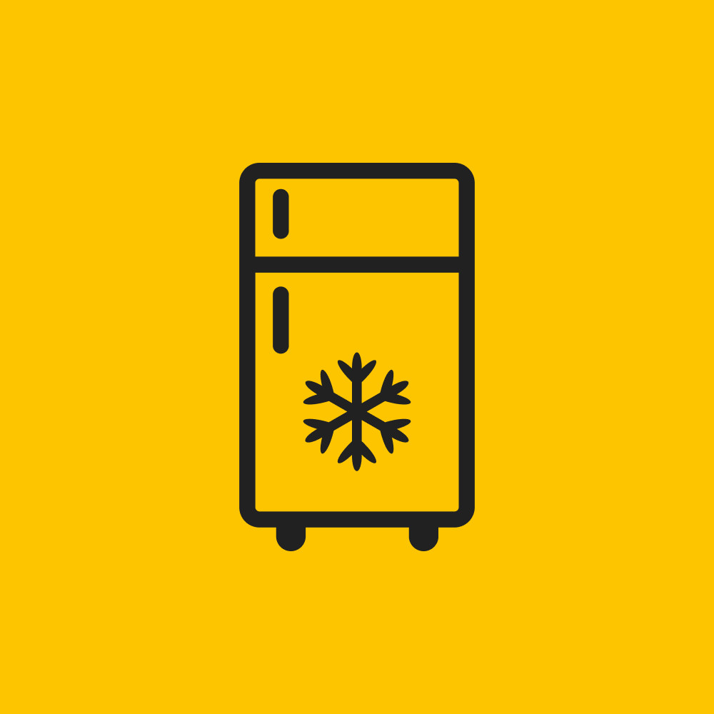 Icon of a refrigerator with a snowflake symbol on the door, on a yellow background.