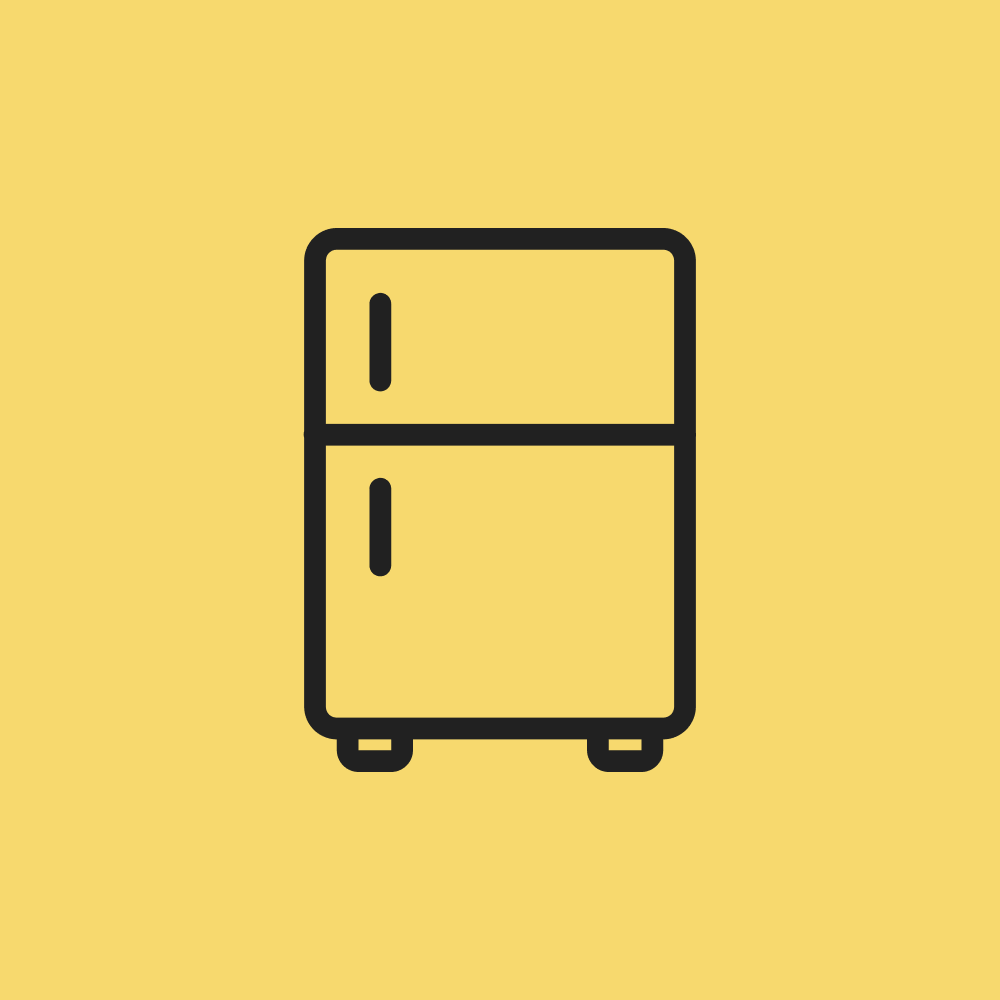 Icon of a refrigerator on a yellow background.