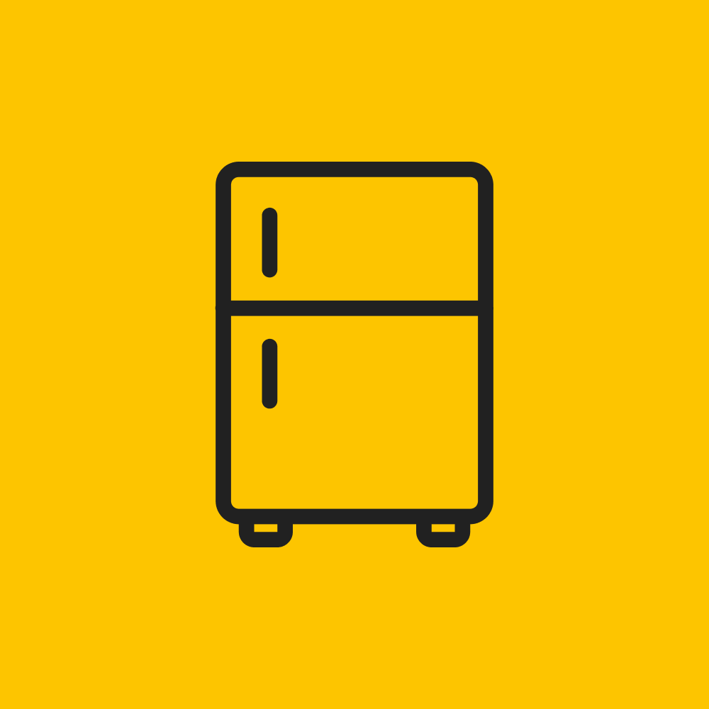 Icon of a refrigerator on a yellow background.