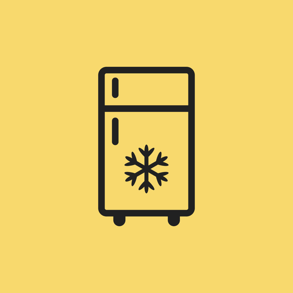 Icon of a refrigerator with a snowflake symbol on the door, on a yellow background.