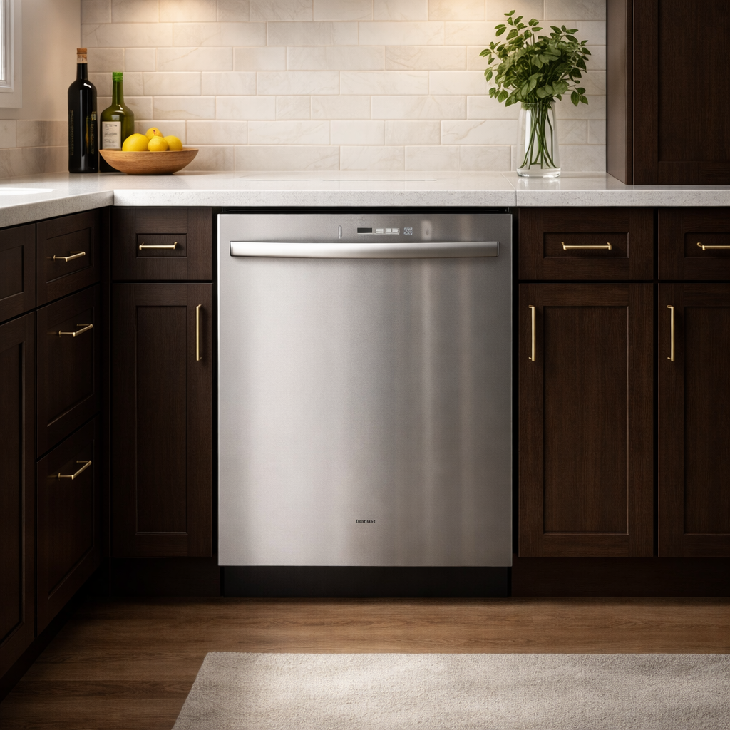 Kitchen with dark wooden cabinets, a white countertop, a stainless steel dishwasher, a green potted plant, a bowl of lemons, and two bottles of oil or vinegar on the counter.