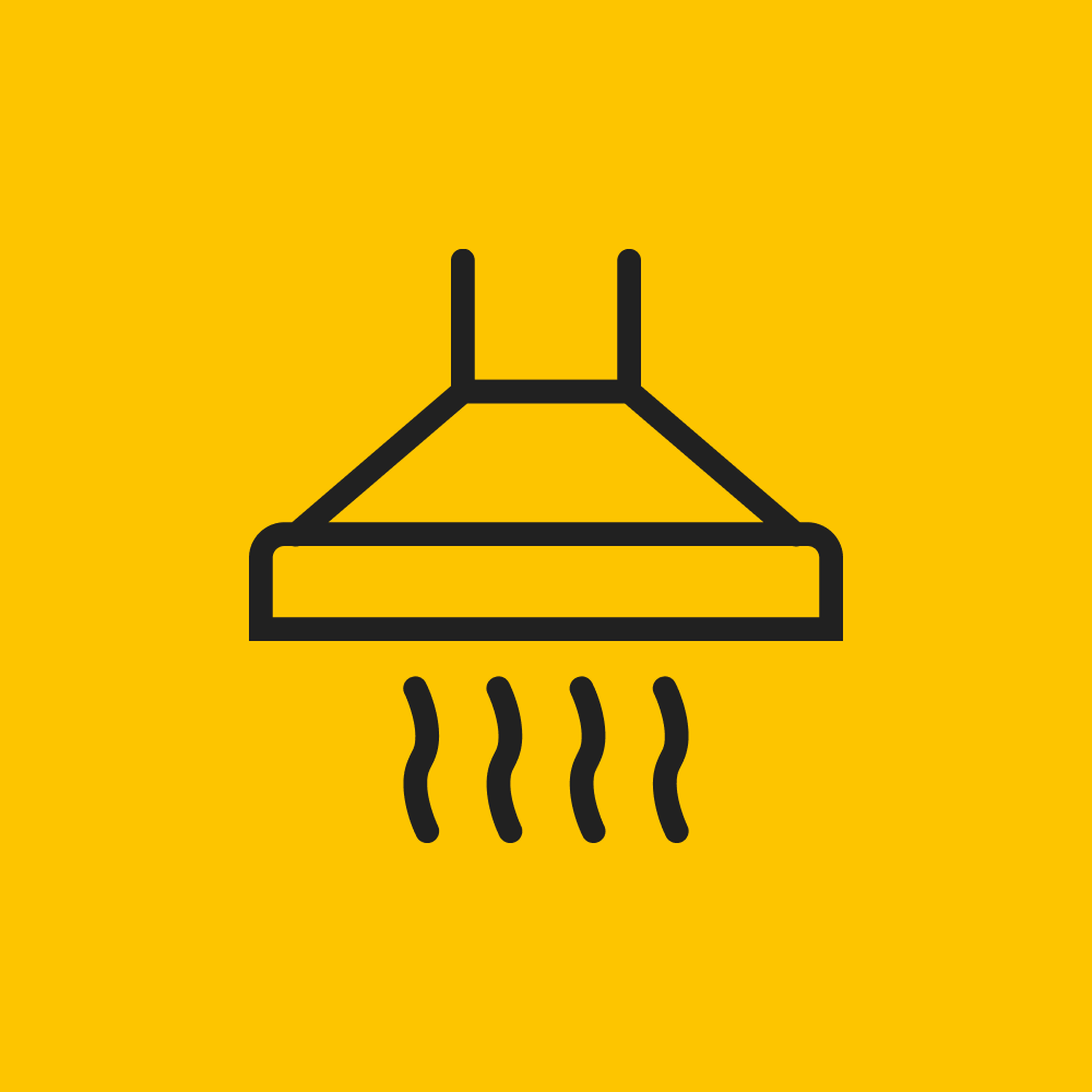 Shower head with water spray icon on yellow background.