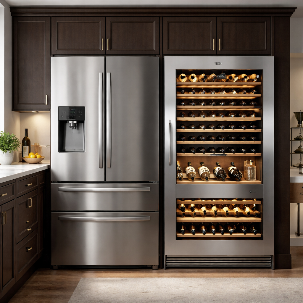 Kitchen with stainless steel refrigerator and wine cooler, dark wood cabinets, countertop with plant, bowl of lemons, and chopsticks.