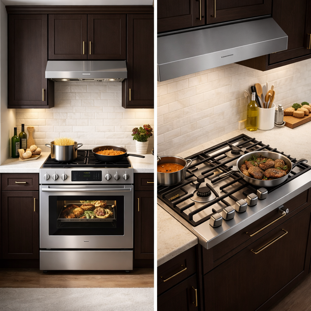 Kitchen with dark wooden cabinets, stainless steel stove, stovetop with cooking food, and backsplash tiles.