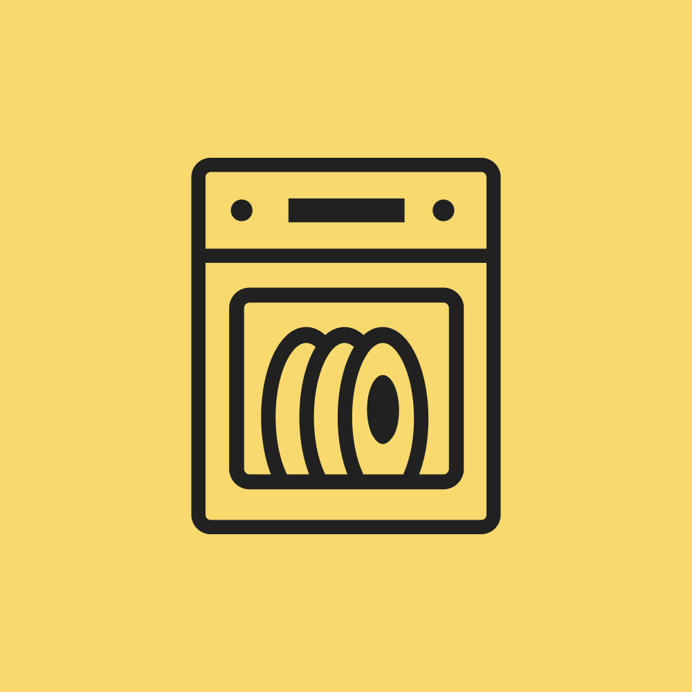 Icon of a washing machine on a yellow background.