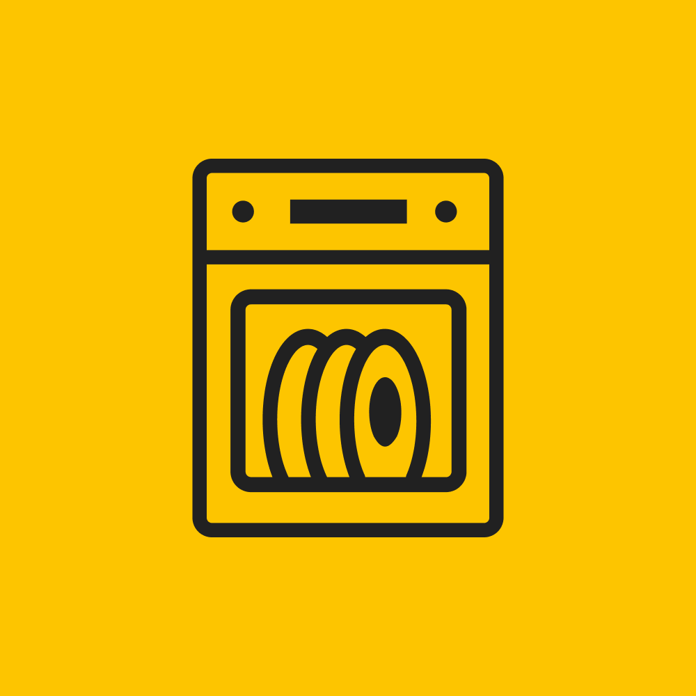 Icon of a washing machine on a yellow background.