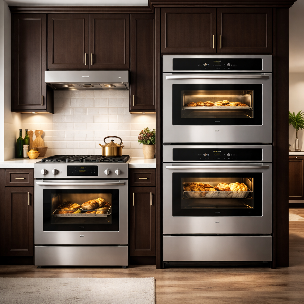 Stainless steel double wall oven and stove in a kitchen with dark wood cabinets and white countertop, with cookies baking inside the ovens.