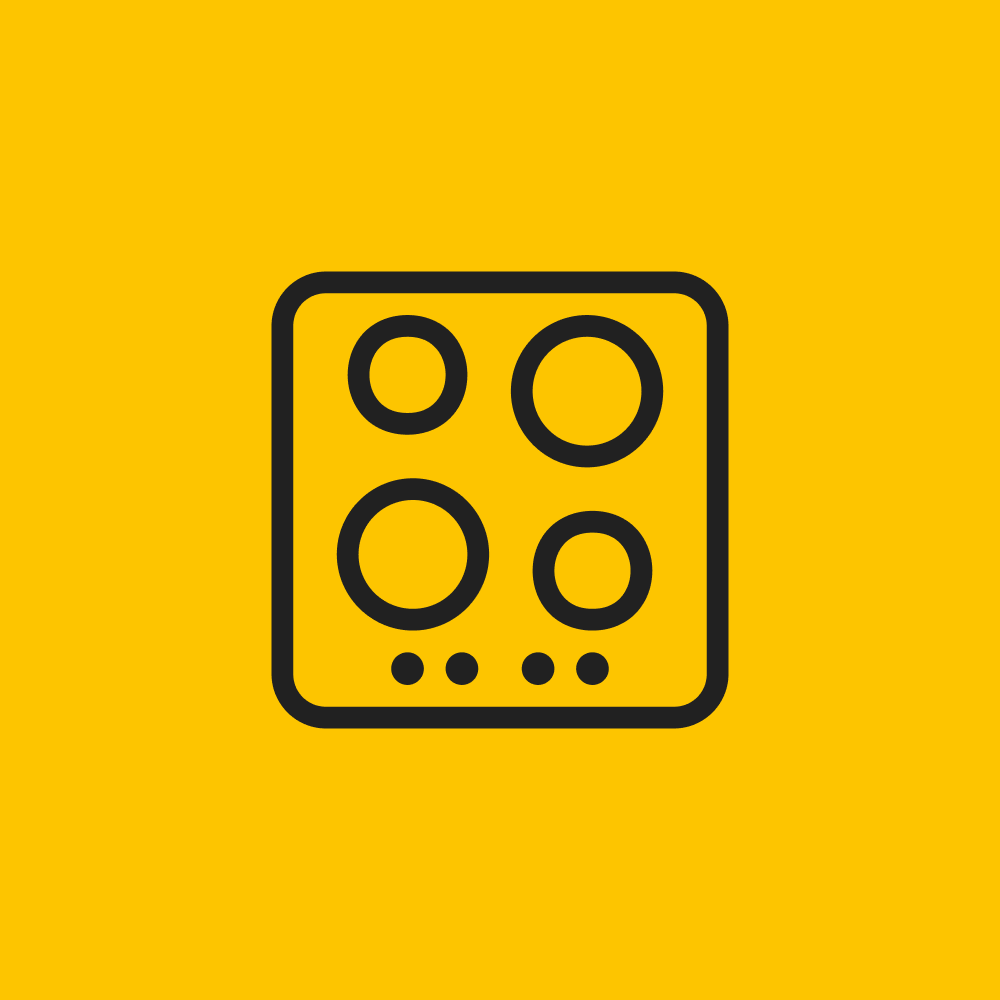 Line drawing of a stove with four burners on a yellow background.