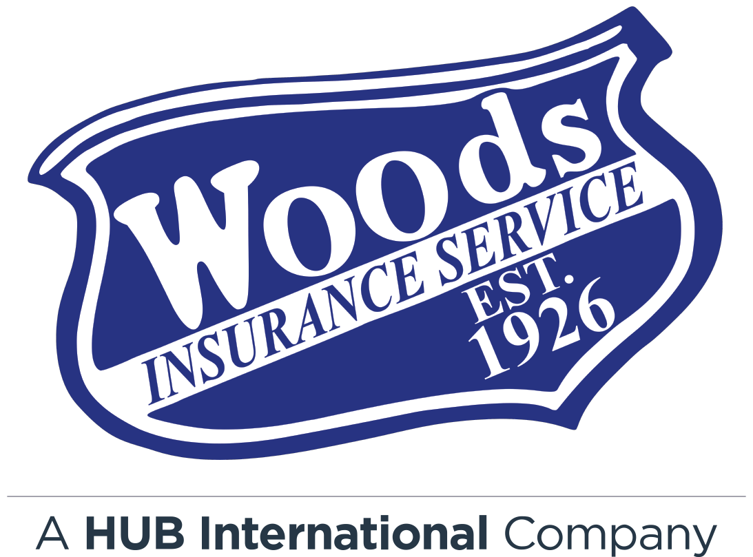 Wood's Insurance Service logo, established 1926, with a blue and white design, and text indicating it is a part of HUB International.