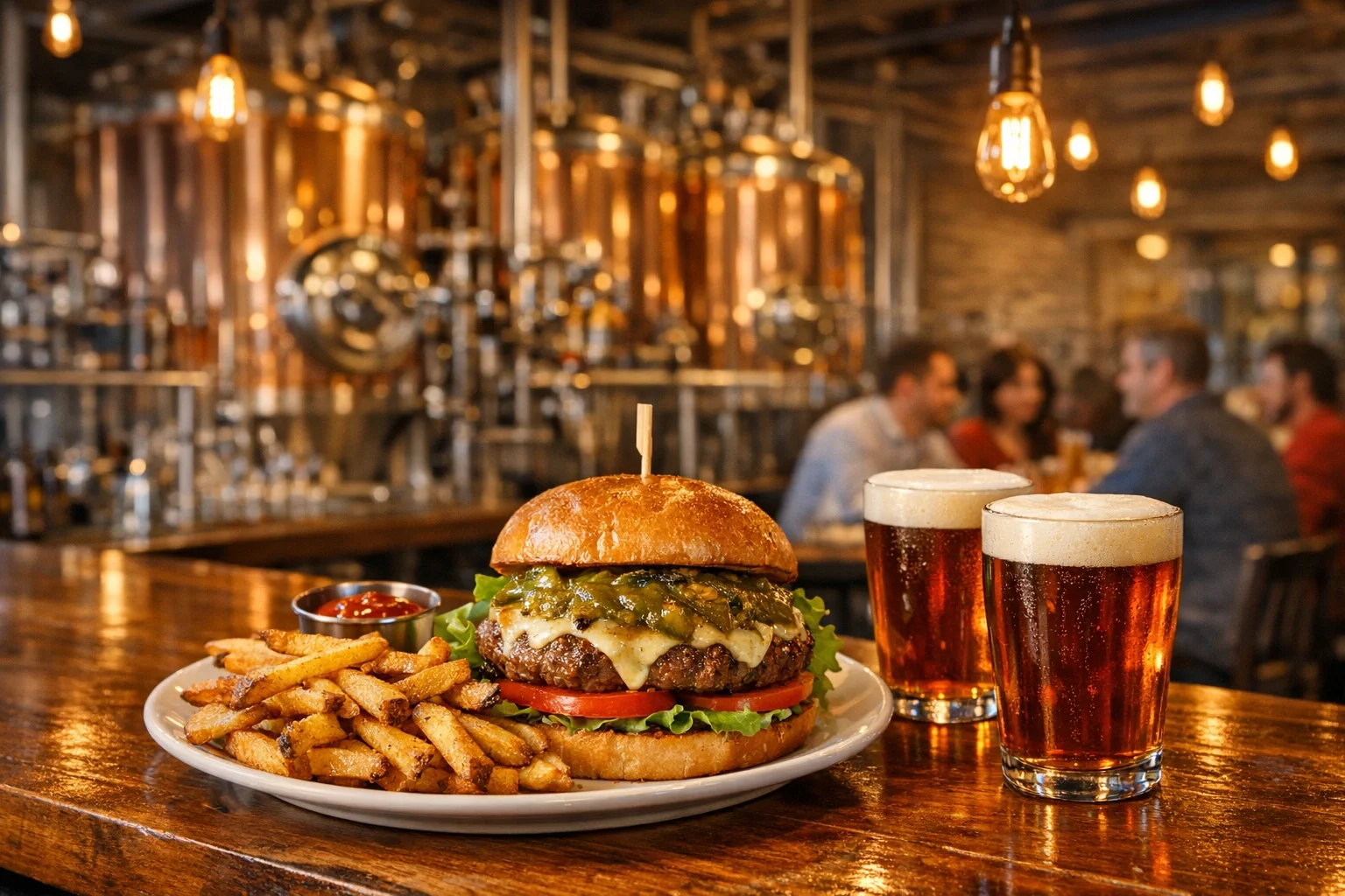 A plate with a burger topped with cheese, lettuce, tomato, and jalapenos, served with French fries and a small cup of ketchup, along with two glasses of beer on a wooden bar counter in a rustic restaurant.
