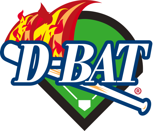 Logo of a baseball team named D-BAT featuring a baseball bat, a green field, a baseball diamond, flames, and the team name in bold blue letters.