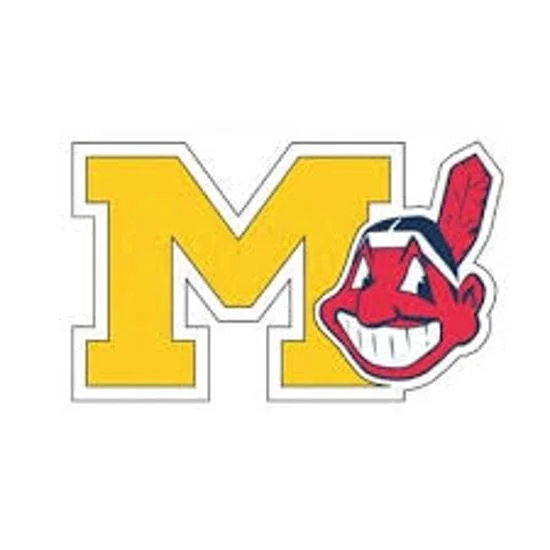 University of Michigan logo with a yellow 'M' and the Cleveland Indians mascot, Chief Wahoo, photo-realistic red face with a feather headdress, overlayed on the right side of the 'M'.