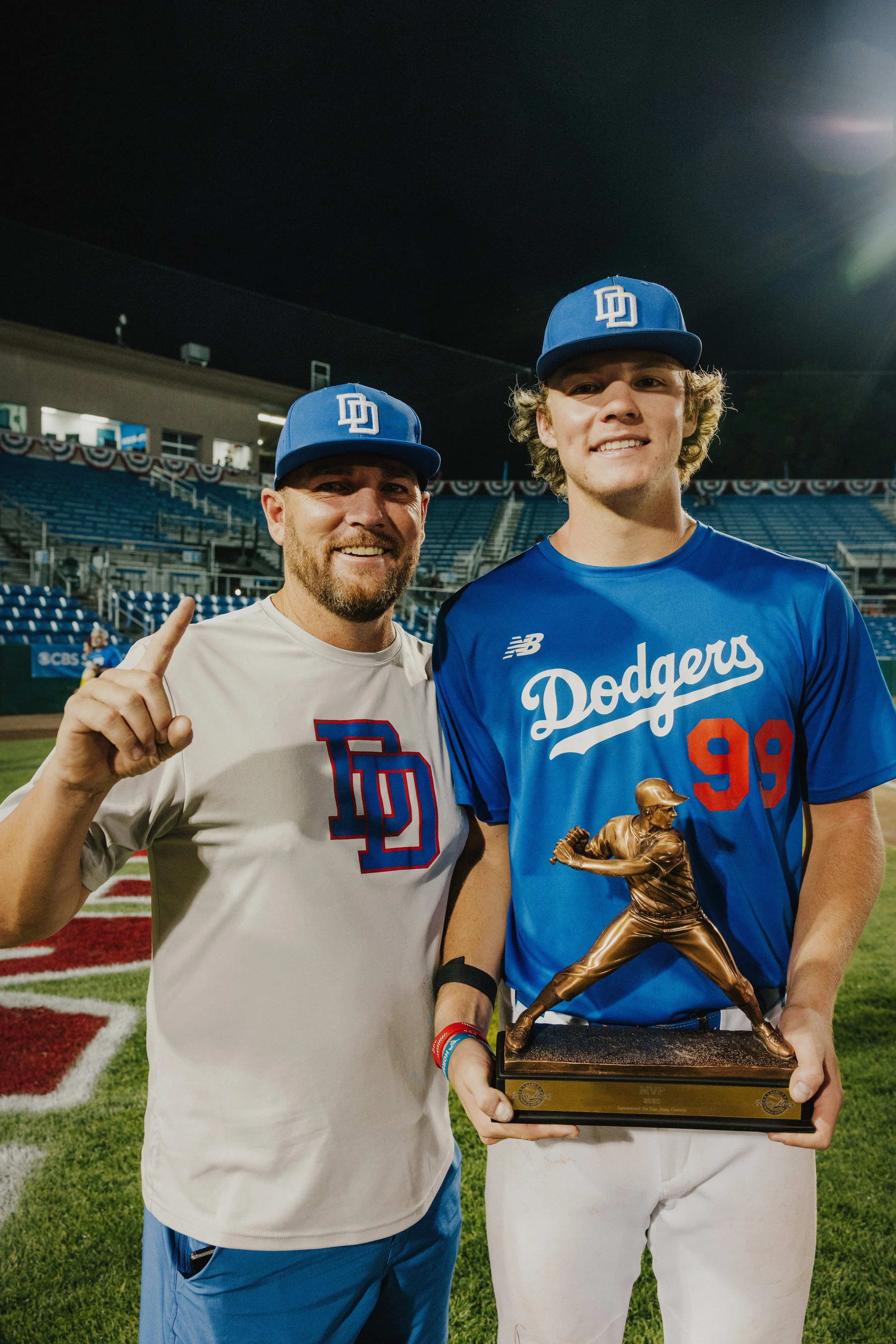 Two baseball players standing on the field at night, one holding a trophy in the shape of a baseball player, both smiling and wearing blue baseball caps and jerseys of the Los Angeles Dodgers, with a stadium and empty stands in the background.