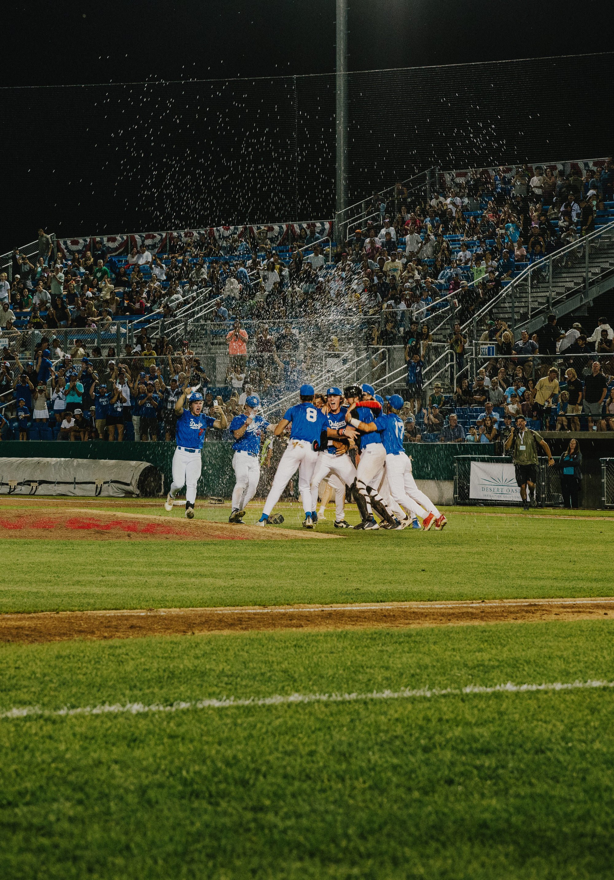 Celebrating baseball players in blue uniforms on the field as crowd cheers in the stands at night.