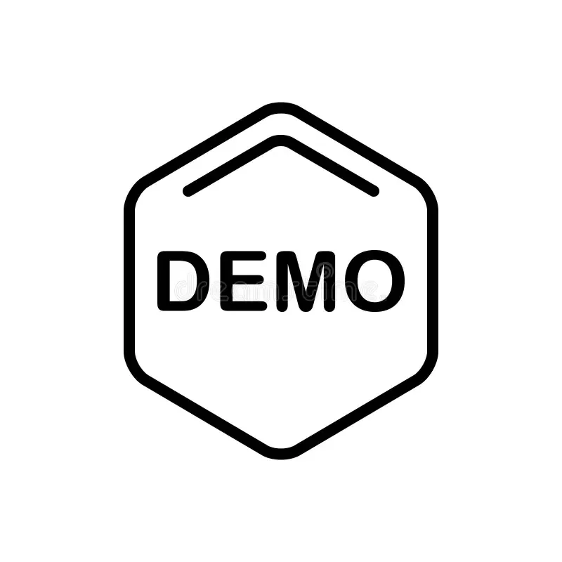 Black and white icon with the word "DEMO" inside a hexagon outline.