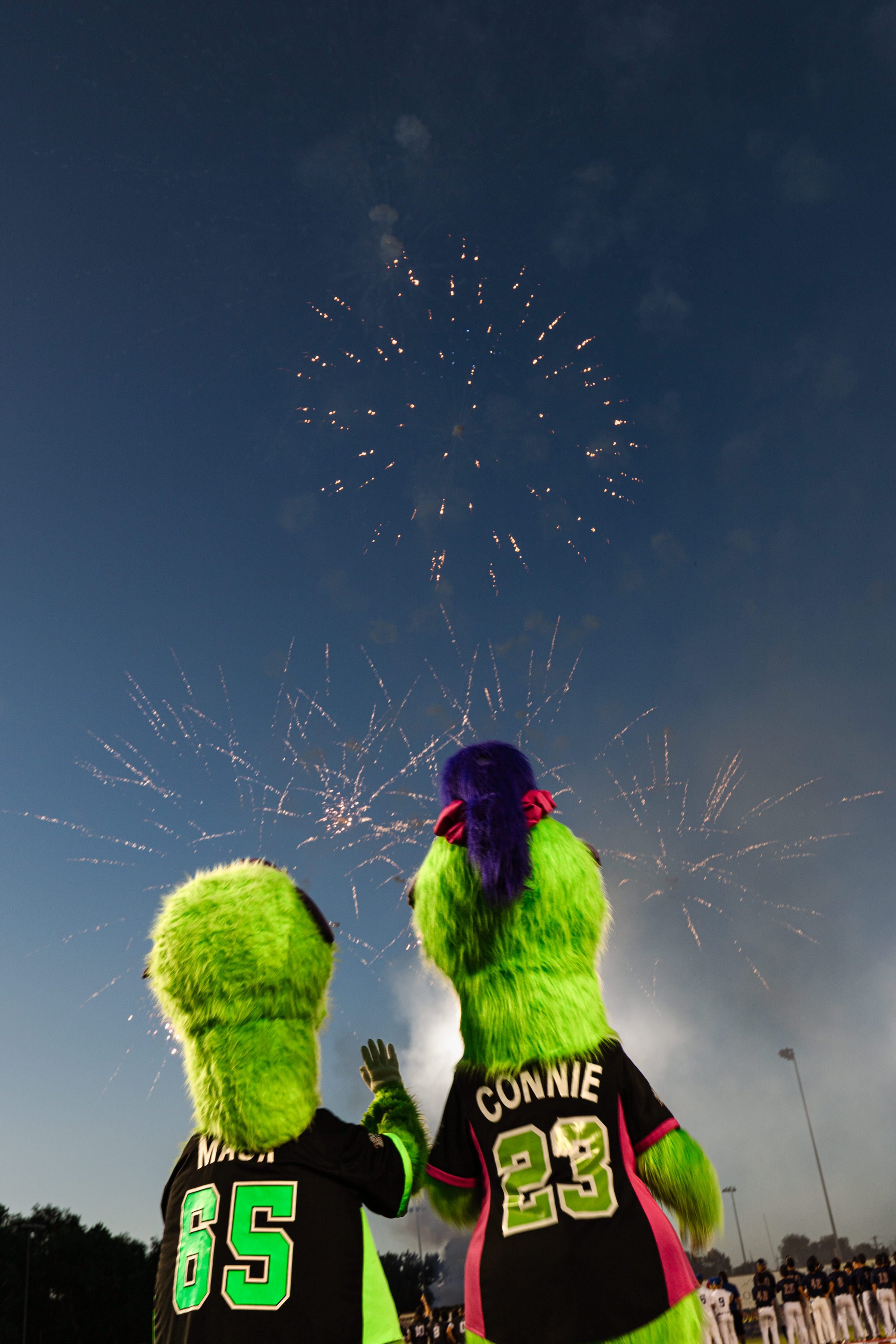 Two individuals in bright green fuzzy costumes with their backs facing the camera, watching fireworks in the night sky. One wears a black sports jersey with the name 'CONNIE' and the number '23'; the other wears a similar jersey with the number '65'.