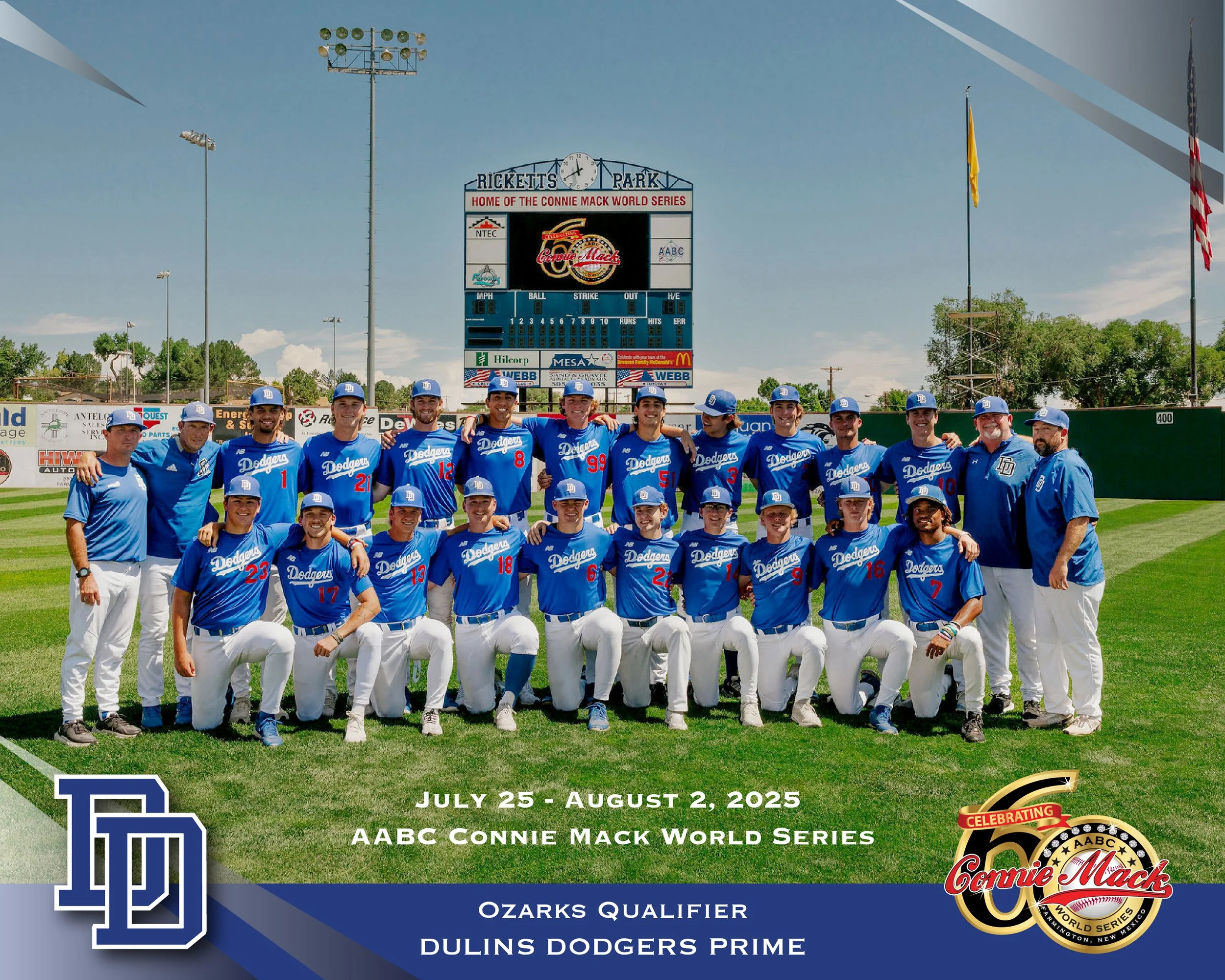 Group of Dodger baseball players and coaches posing for a photo on the field at Ricketts Park, celebrating the Connie Mack World Series, July 25 to August 2, 2025.
