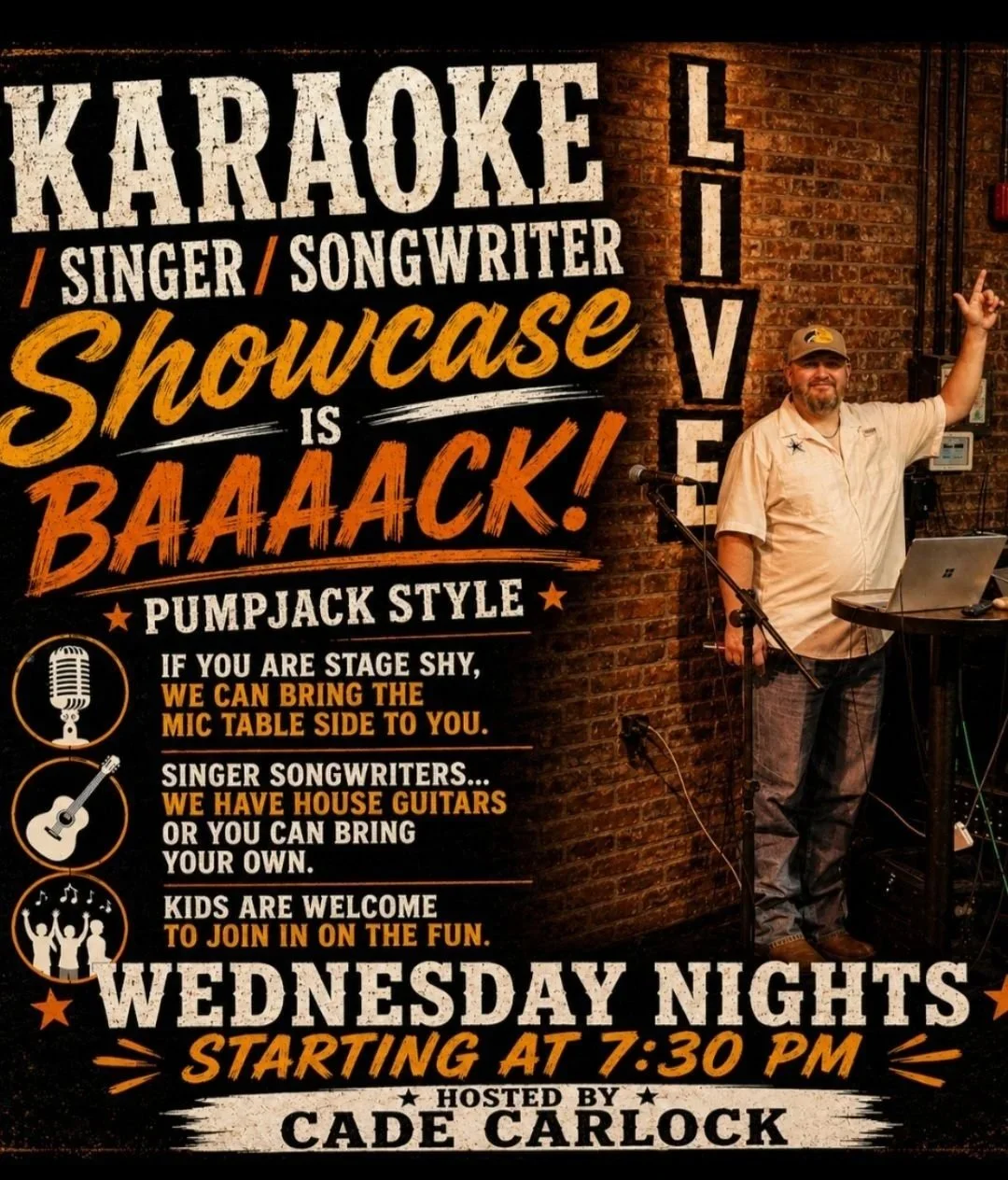 Poster advertising a karaoke singer-songwriter showcase at Live venue on Wednesday nights starting at 7:30 PM, hosted by Cade Carlock, featuring house guitars, kids welcome, and mic table for shy participants.