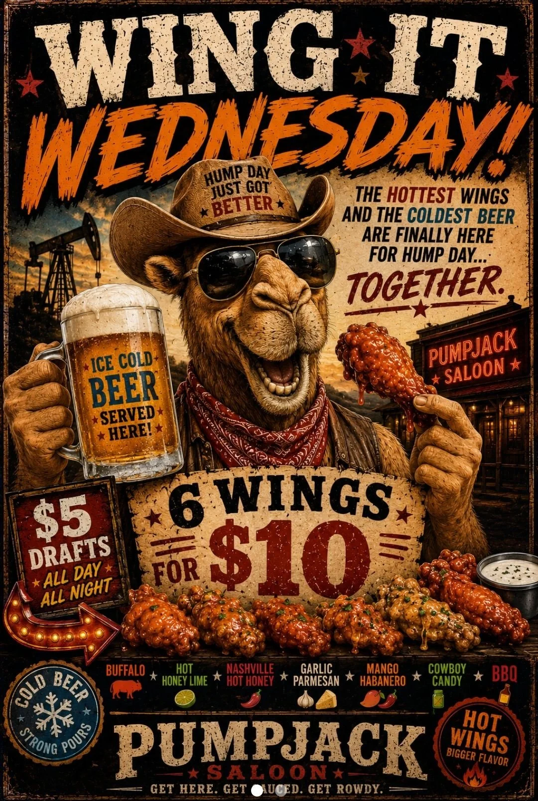 A cartoon llama dressed as a cowboy wearing sunglasses, holding a mug of ice cold beer and a chicken wing, promoting wing day at Pumpjack Saloon with deals on wings and beer.
